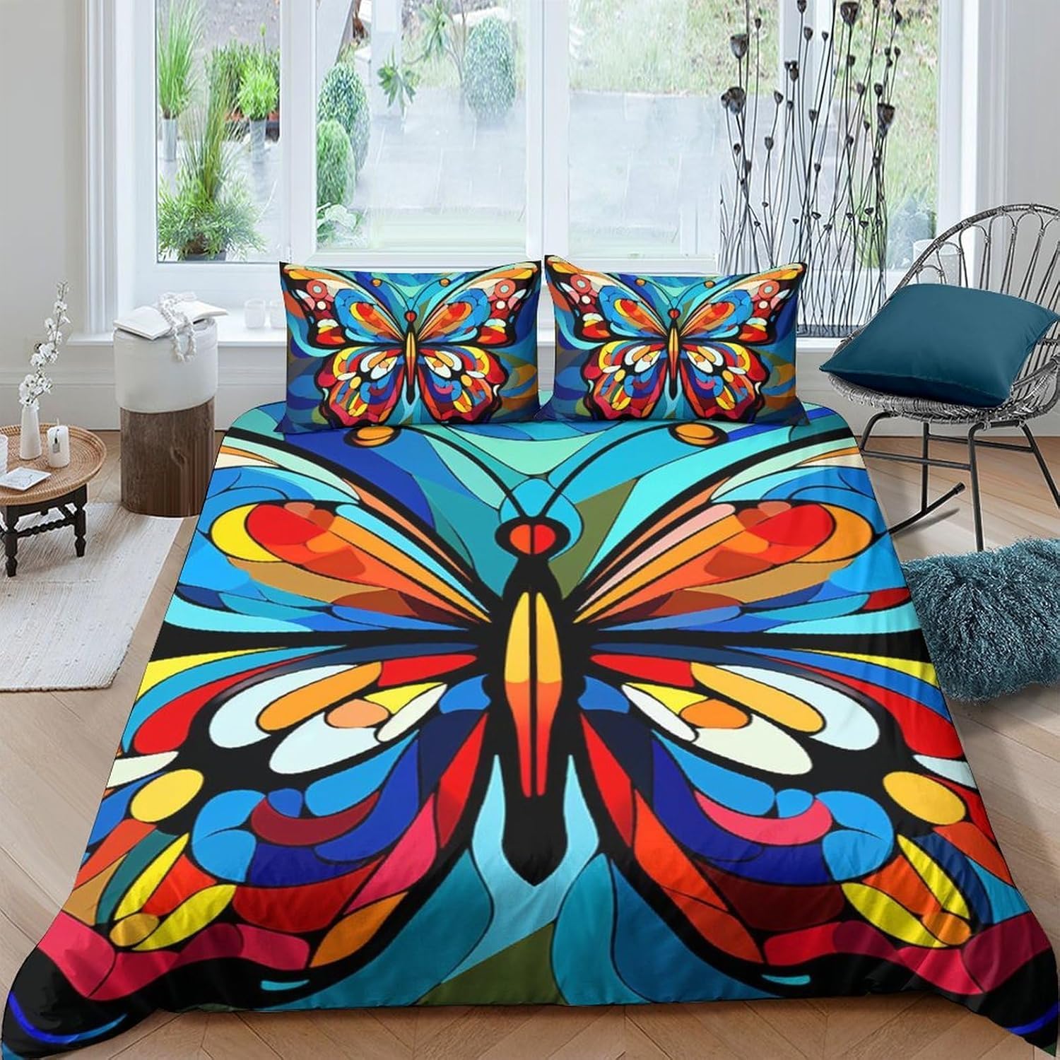 Housse de couette papillon antiallergique et facile d'entretien pour lit 2 places