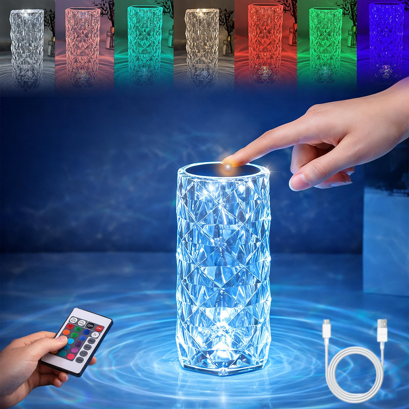 16 Color Rose Crystal Diamond LED Table Lamp Artificial Crystal Table Lamp with RGB Color Changing Ambient Lighting