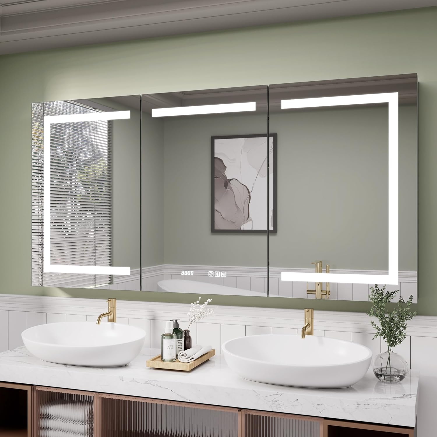 Medicine Cabinet with Lights with Mirror, 60 x 30 Inch Recessed/Surface Wall Mount LED Lighted Medicine Cabinets for Bathroom with Storage, 3 Colour Lights Dimmable Defog, Time/Temp Display