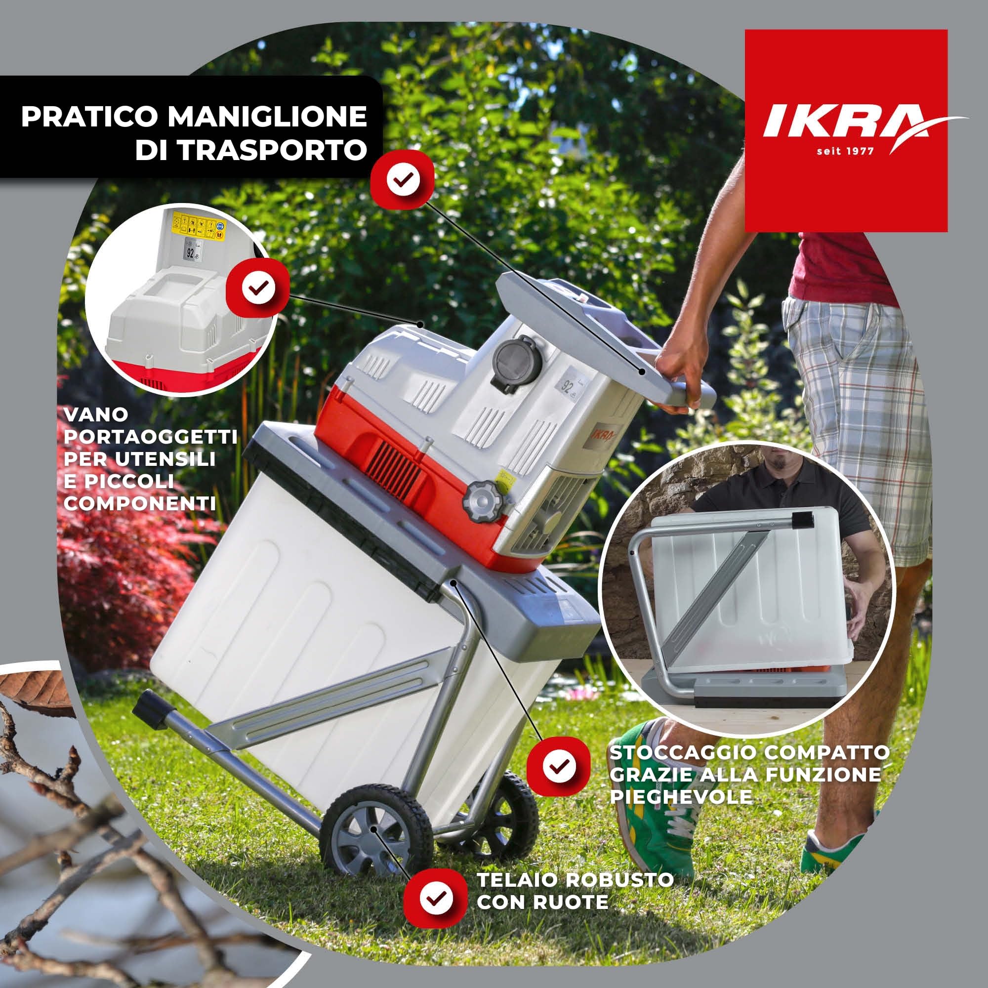 IKRA trituratore elettrico ILH 3000A, con occhiali protettivi inclusi | Motore ad alte prestazioni, silenzioso e robusto, 3000W, alimentazione automatica dei rami Ø 44 mm, retromarcia