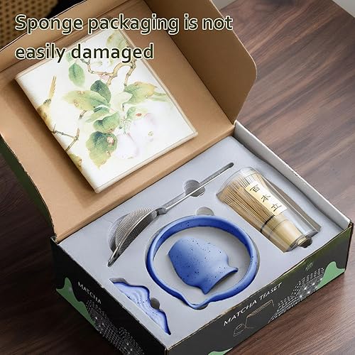 Miniatura 7 de cjc Juego de matcha: juego de batidor de matcha de 7 piezas, juego de matcha japonés con cuenco de cerámica, batidor de bambú y soporte, juego Azul