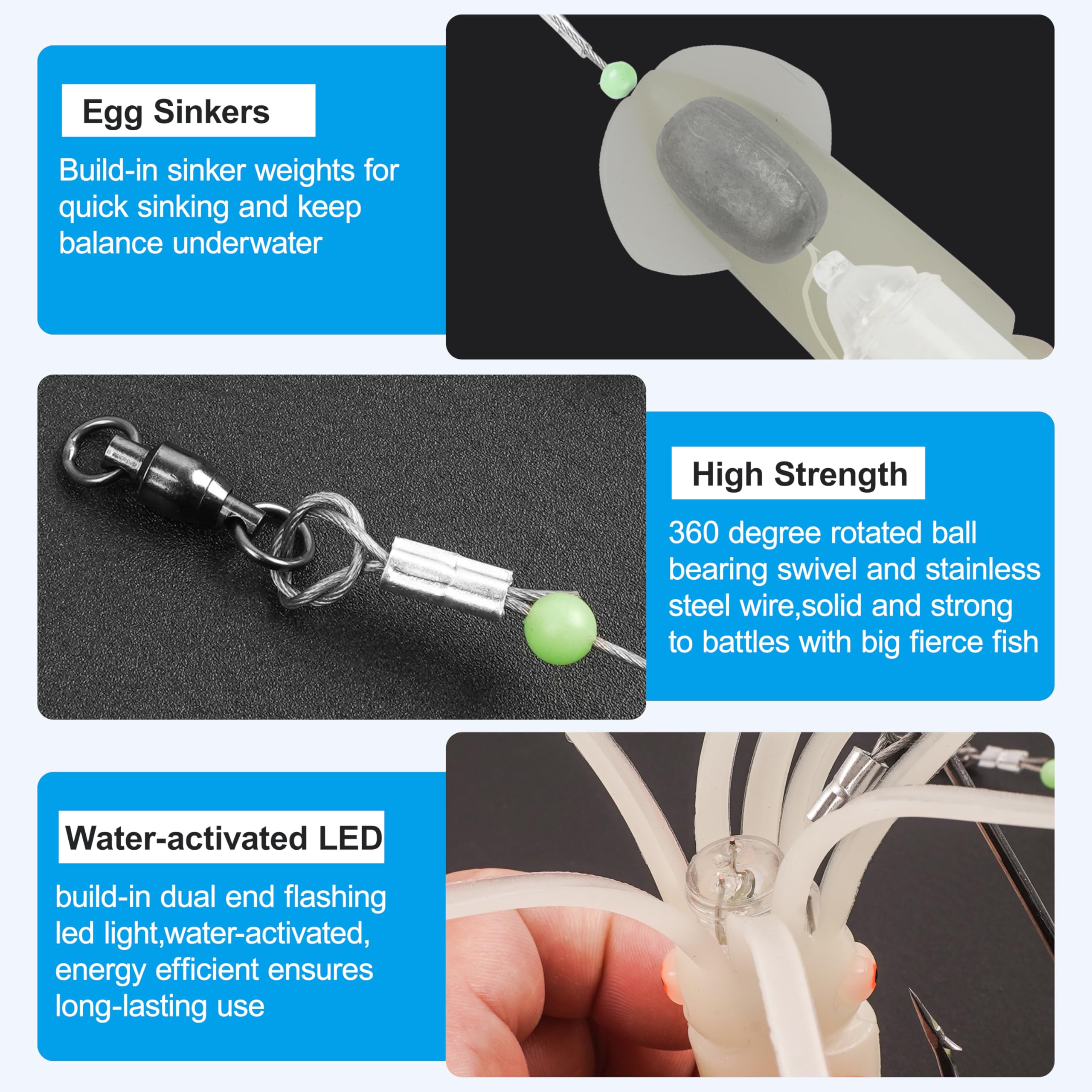 Esche da pesca per calamari in acqua salata, esche a LED illuminate per calamari, morbide, per pesca a traina, calamari, luci lampeggianti, per halibut, lingcod, sgombro, tonno striper