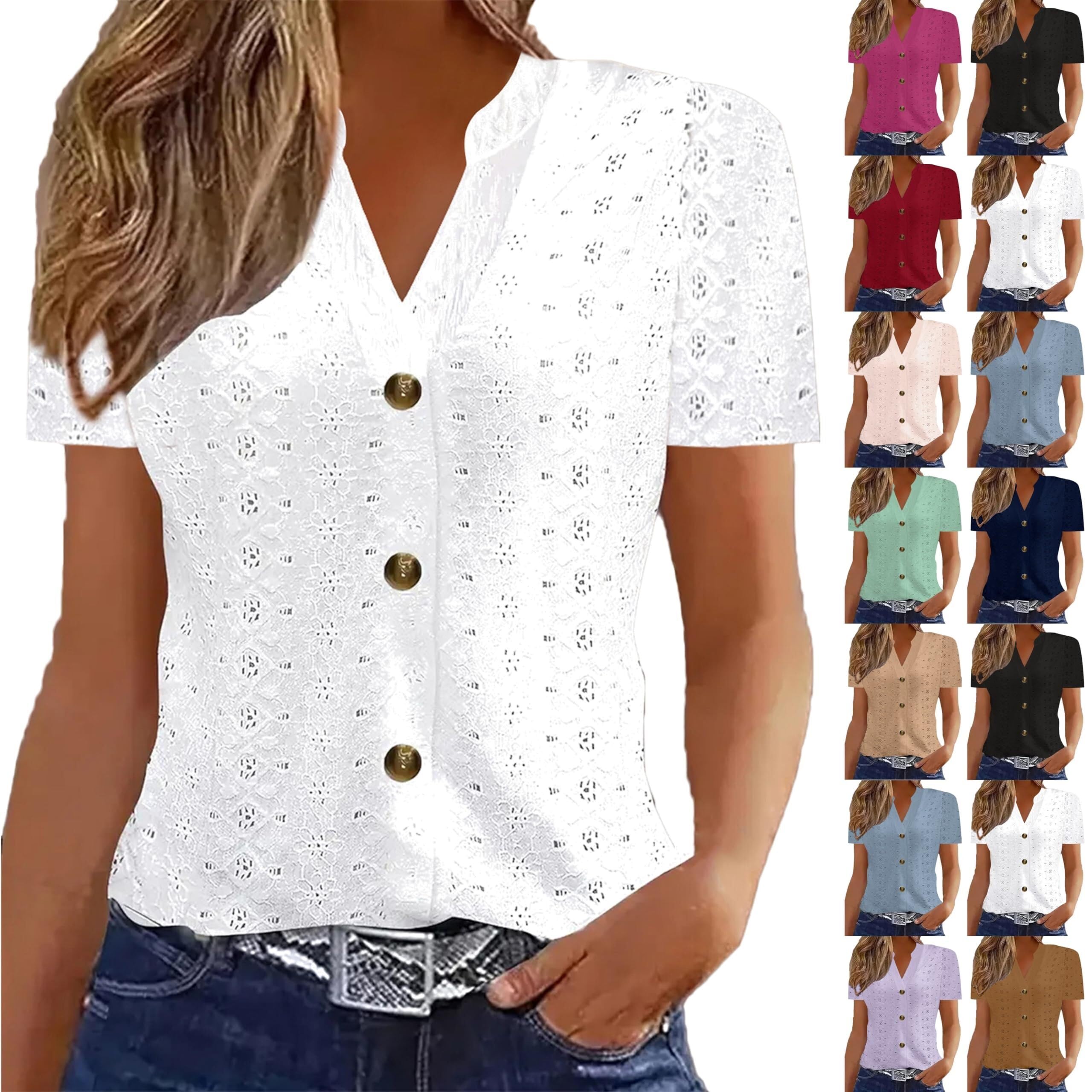 Chemisier pour femme - Broderie - Manches courtes - Col en V - Avec boutons - Pour l'été | Matériau léger à œillets, design de broderie ludique, coupe féminine, polyvalent