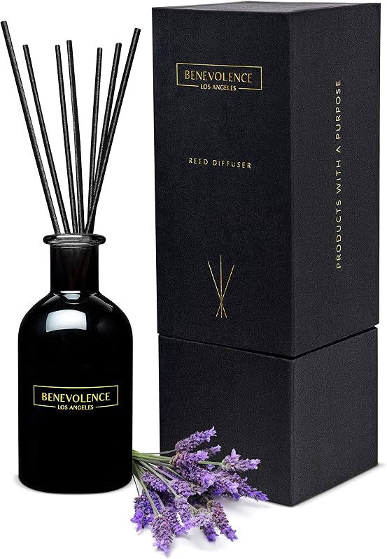 Premium Lavender & Eucalyptus Reed Diffuser Set – Essential Oil Diffuser for Home & Bathroom – Up to 120-Day Fragrance with Rattan Sticks & Gift Box – Charcoal Glass Room Décor