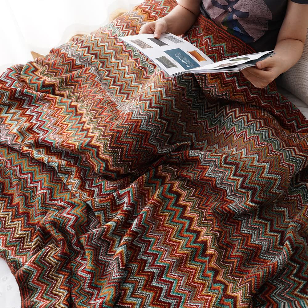 BATTILO HOME Afghan Throw for Couch Bed, Dust Red Boho Throw Blanket for Home Decor, Decorative Knit Bohemian Throw Blanket, 50"x60"