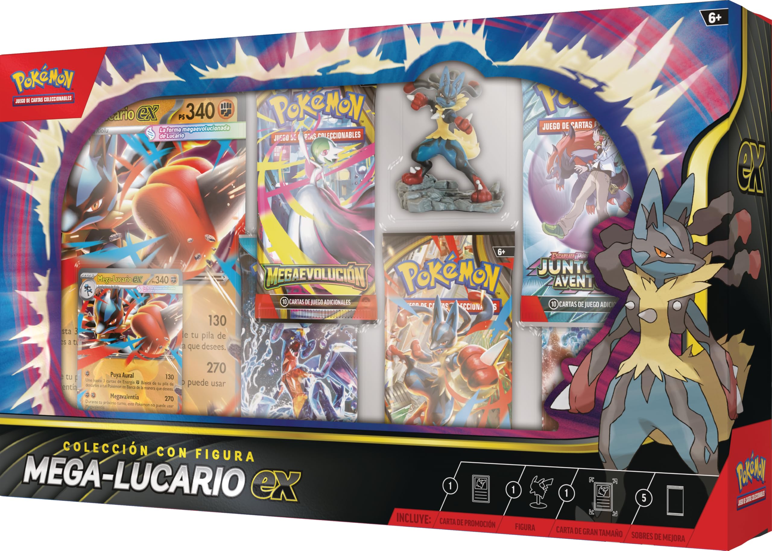 Pokémon: Colección con Figura Mega-Lucario ex de JCC Pokémon (1 Carta holográfica de promoción grabada en Relieve, 1 Carta de promoción de Gran tamaño, 5 Sobres de Mejora y 1 Figura de Mega-Lucario)