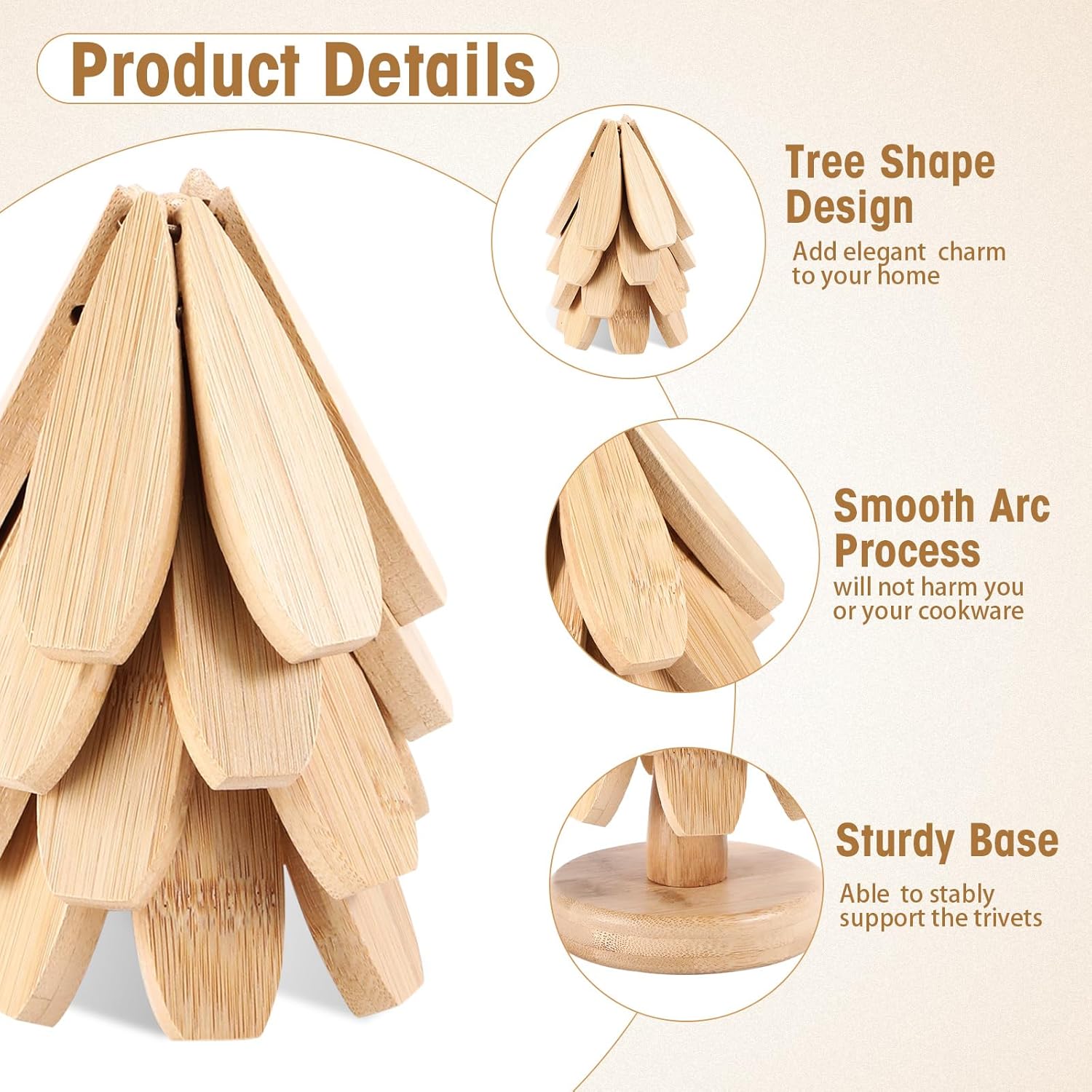 12 Pcs Foldable Wooden Trivet for Hot Dishes Set, 3 Sizes Tree Shape Kitchen Coasters with 3 Stands for Pots Holders, Plates, Potted Plants, Bowls, Decoration(Bamboo Color)