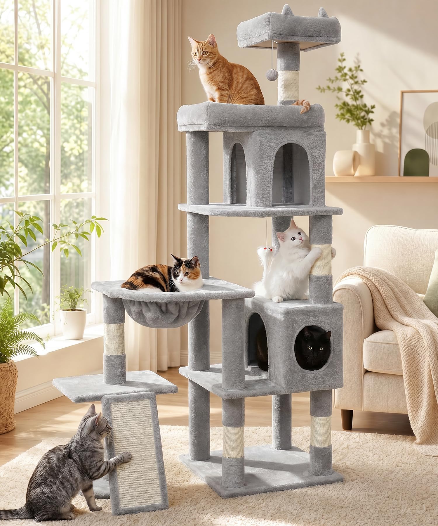 Albero per gatti da interno resistente, 172 cm, torre per gatti grandi con tiragraffi in sisal e posatoio superiore, grande piattaforma per gatti adulti, PMT02GY, grigio