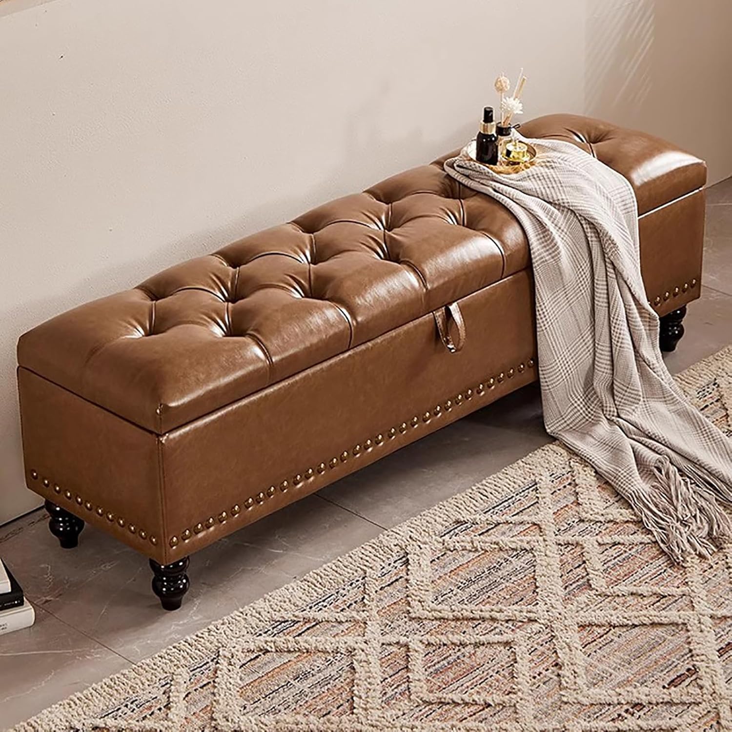 Footstool, Tufted Pouf in Faux Leather with Storage Unit, Padded Rectangular Pouf, Storage Bench in PU Leather, Long Pouf with Storage Unit for Living Room, Entrance, Corridor, Foo