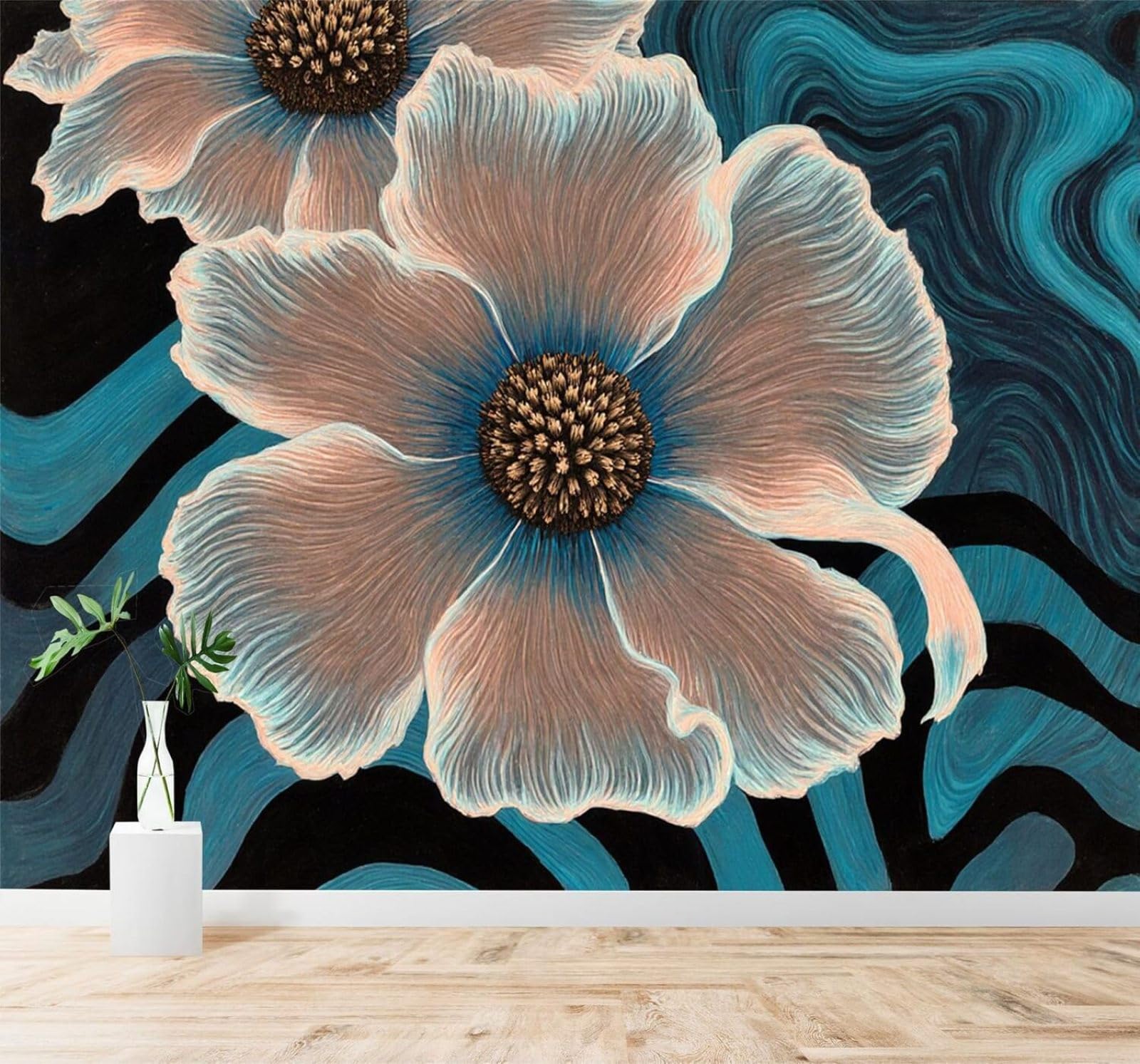 Xlming 350Cm×256Cm(B×H) Abstract Creative Blue Beige Flowers Art 3D Wallpaper Silky Texture Home Study Office Grey Dining Room Sofa Bedroom Living Room Tv Backdrop-350Cm×256Cm