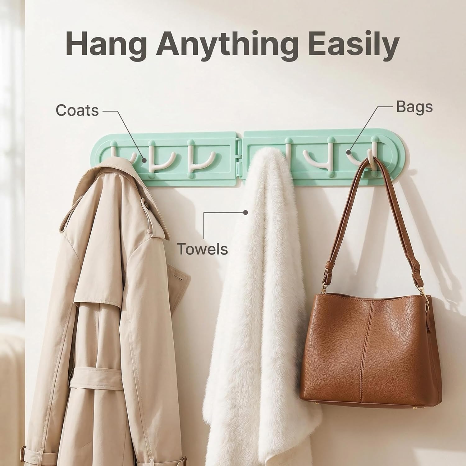Wall Mounted Laundry Hanger, Foldable Green Hook with Retractable Arm for Coats, Towels, and Clothes, Compact Wall Storage for Laundry Room, 1PC