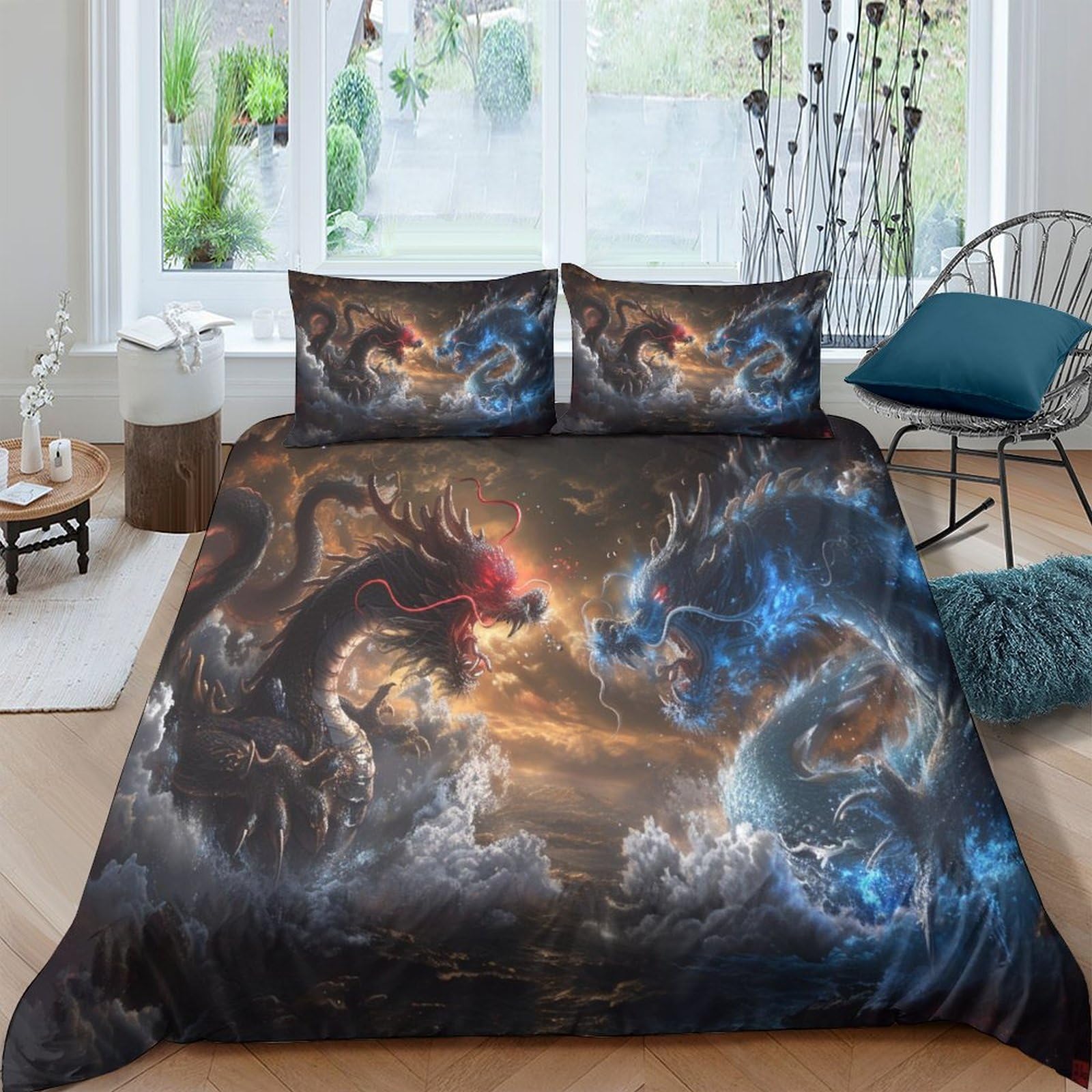Parure de lit dragon 3D en microfbre 3 pieces avec housse de couette 200x200cm et taies