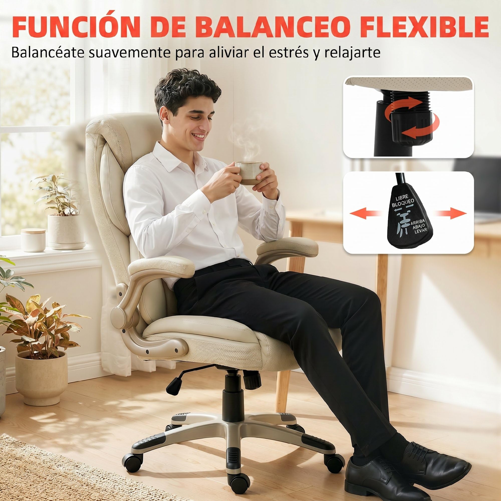 HOMCOM Silla de Oficina con Masaje Vibratorio de 4 Puntos Giratoria Crema | Silla de Escritorio, Calor Lumbar, de PU, Brazos Abatibles, Respaldo Alto, Altura Ajustable, Función de Basculante