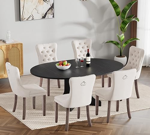 Miniatura 111 de Juego de mesa de comedor de mármol sintético blanco para 6 personas, juego de mesa de comedor extensible de 7 piezas de 63 a 78.74 pulgadas con 6