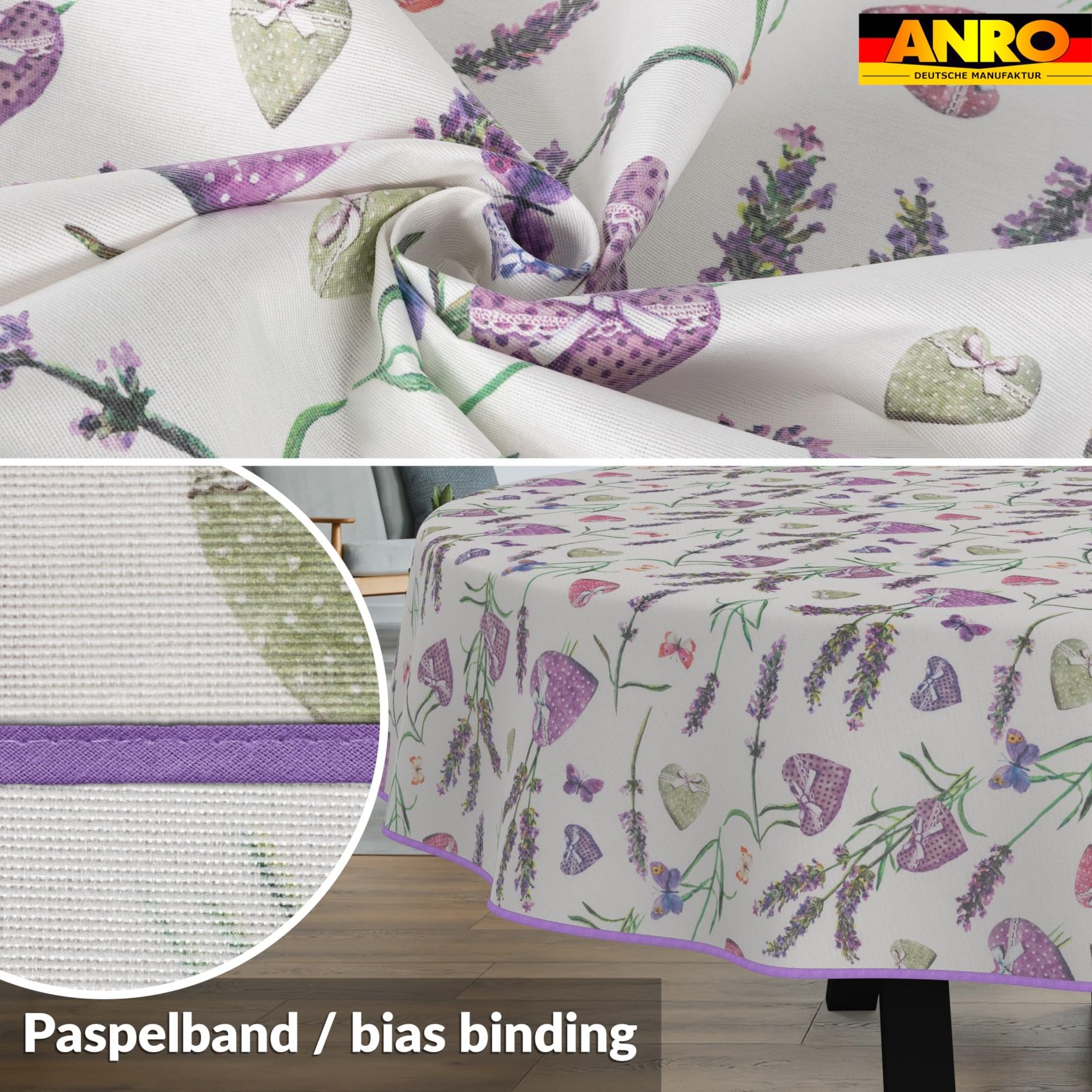 ANRO Mantel de Mesa Lavanda 70% Algodón 30% Poliéster | Antimanchas Impermeable Cocina Jardín Borde Cortado 220x140 cm