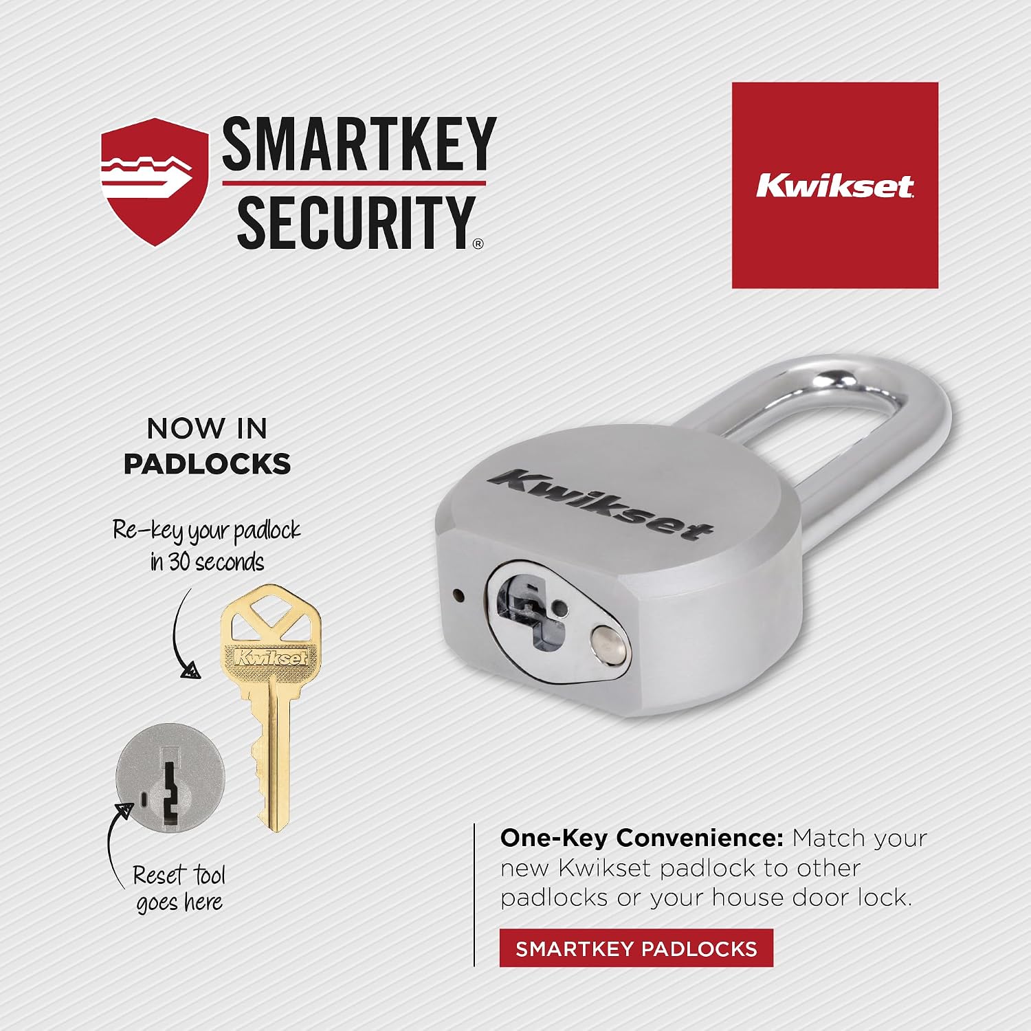 Kwikset SmartKey Re-Keyable Solid Steel Padlock with Boron Carbide Shackle, High Security Outdoor Gate Lock, 2.5 in Body, 2 in Shackle, 1 Pack, Silver