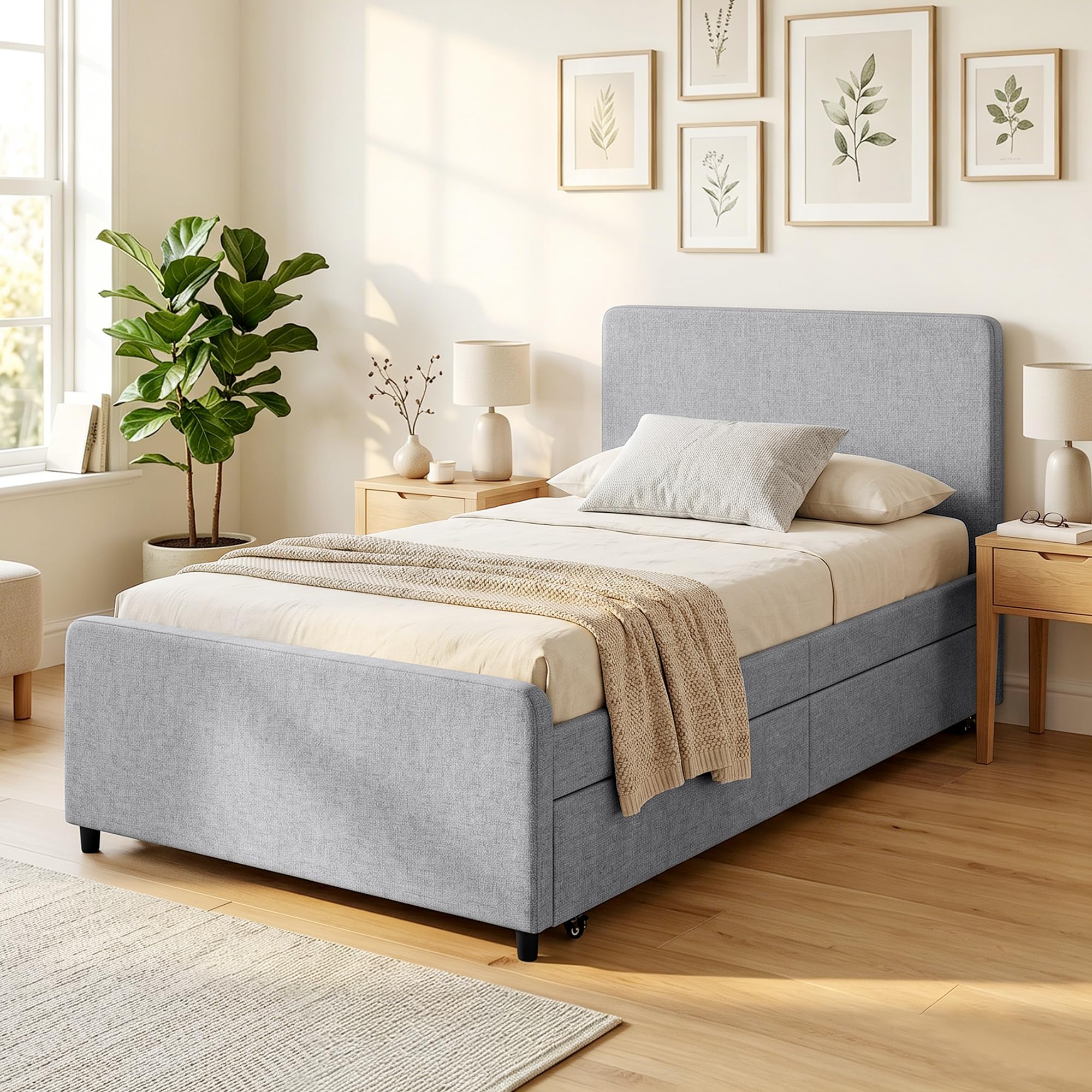 HOMCOM Cama Nido Individual 90x190 cm con Cabecero y Piecero Gris Claro | Estructura de Cama Tapizada en Lino, Listones de Madera, Sin Colchón