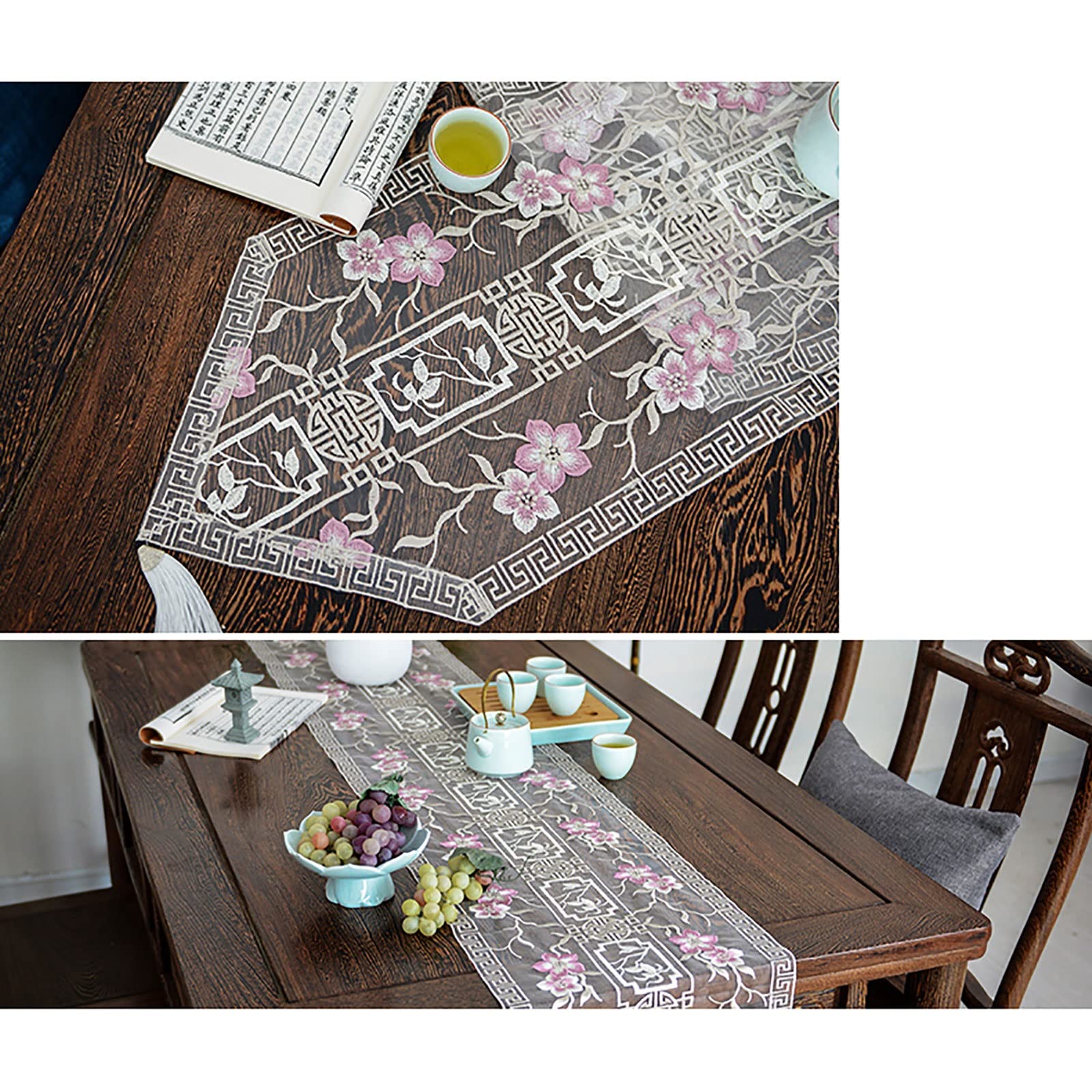 Elegante e lussuoso Runner da tavolo in organza a strati con stampa oro Runner da tavolo in organza for decorazioni for la Cucina di casa, matrimonio, ringraziamento, Natale Regali di festa(B,0*240cm)