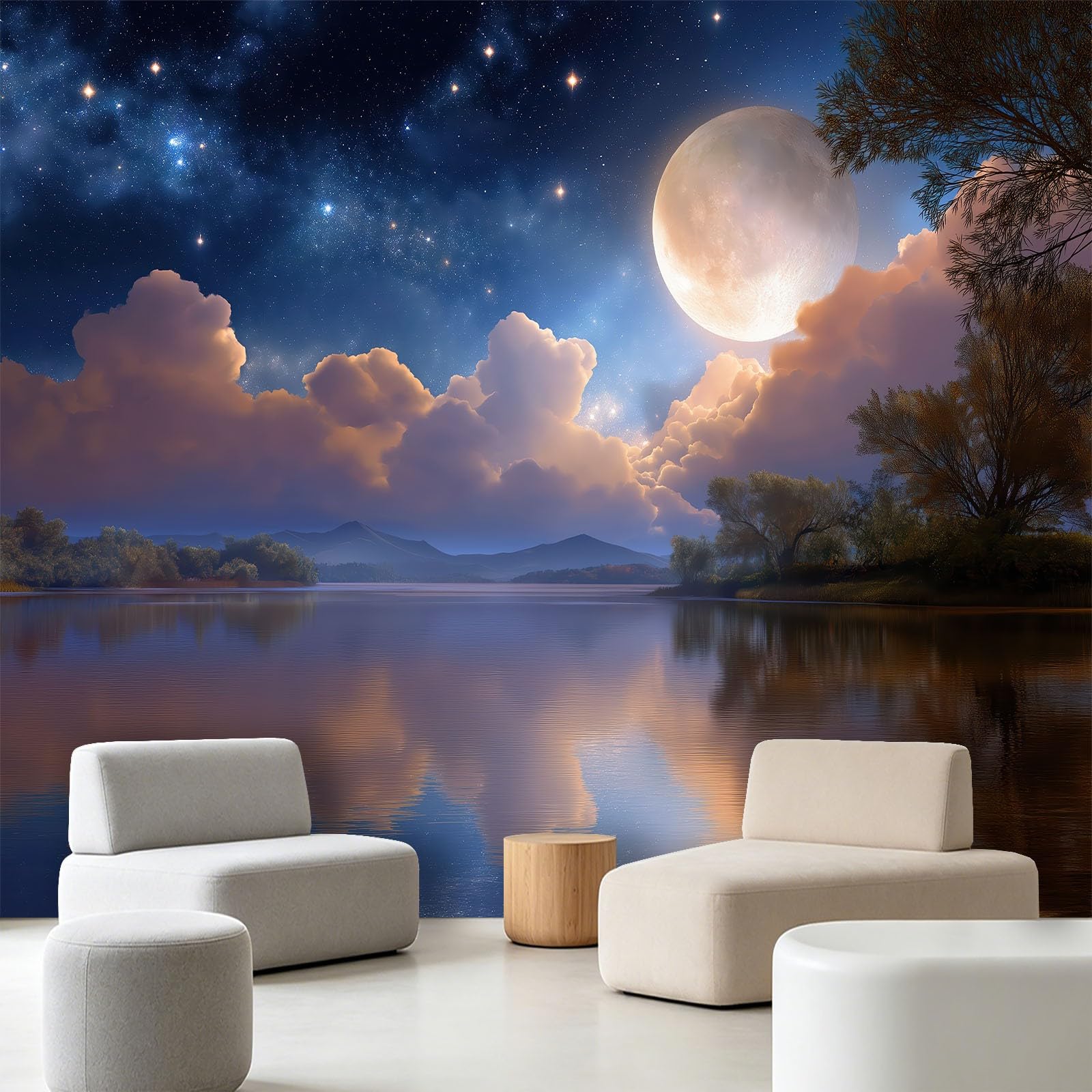 Nocne niebo księżyc jezioro tapeta - gwiaździste niebo jezioro marzycielski design fototapeta - murale ścienne do salonu, sypialni, pokoju dziecięcego i kuchni, fototapeta i dekoracja wnętrz, 200 x