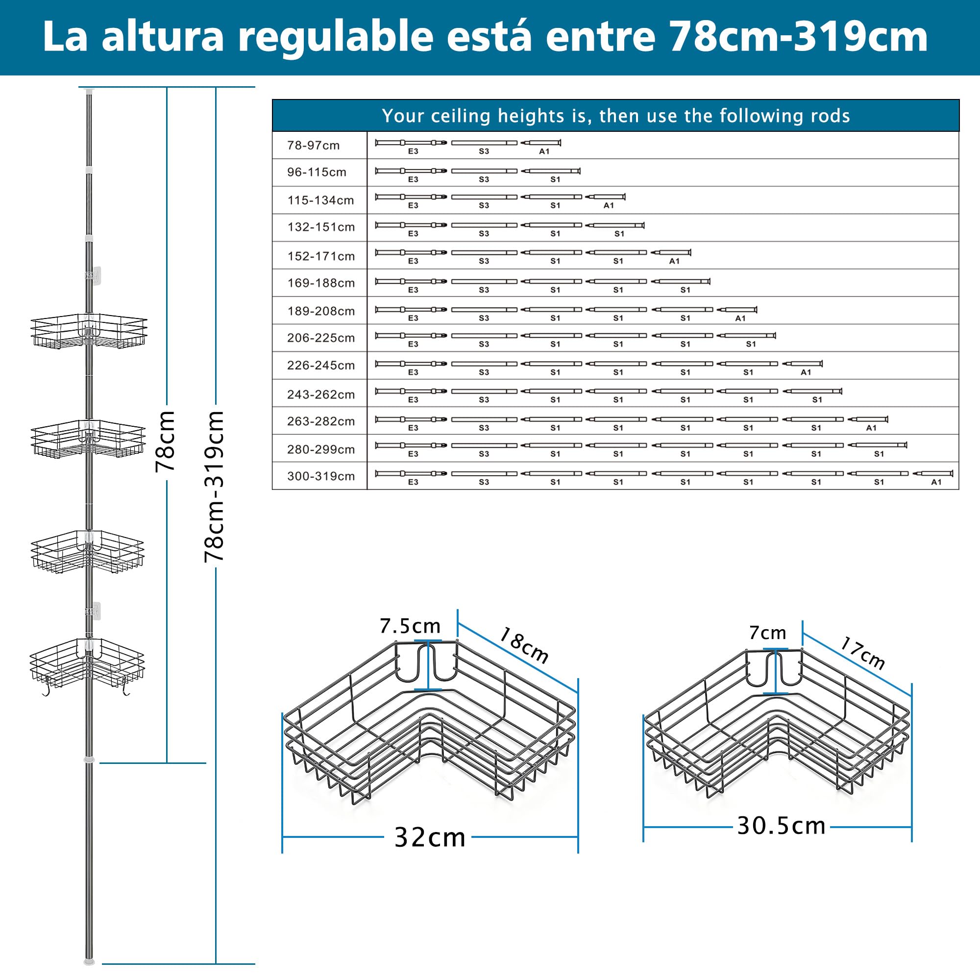 Estanteria Baño Telescopica Estante Ducha sin Taladro Acero Inoxidable Repisas Esquina Baldas con 4 Bandejas, Regulable 85-325cm, apto para Bañera Baño y Cocina, Gris