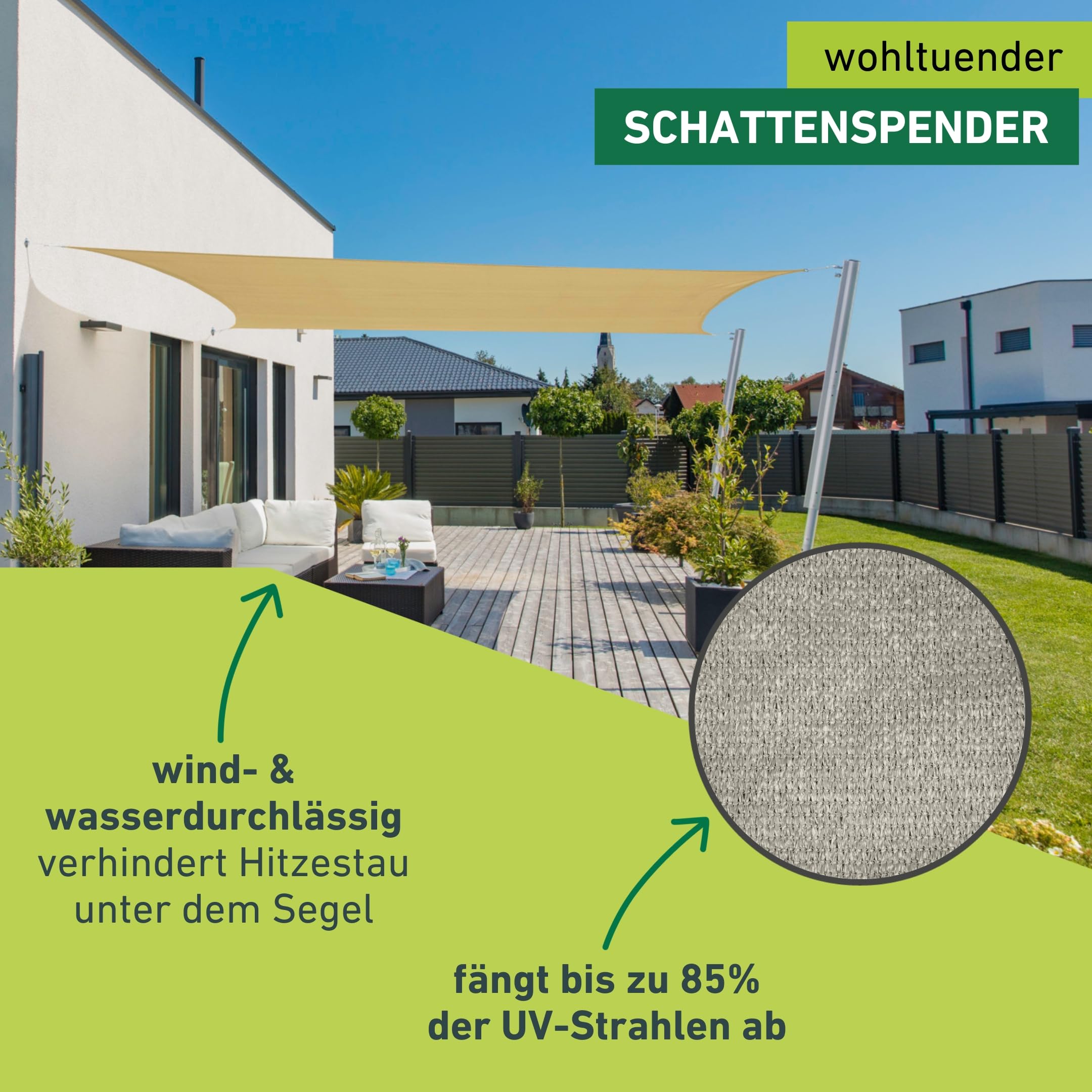 Windhager Sonnensegel ELBA, Elfenbein, rechteckig, Beschichtetes HDPE-Gewebe, 3,6 x 2,6 m, 135 g/m², Sonnenschutz für Terrasse, Balkon oder Pool, inklusiv befestigungsseil, reißfest, waschbar Garten