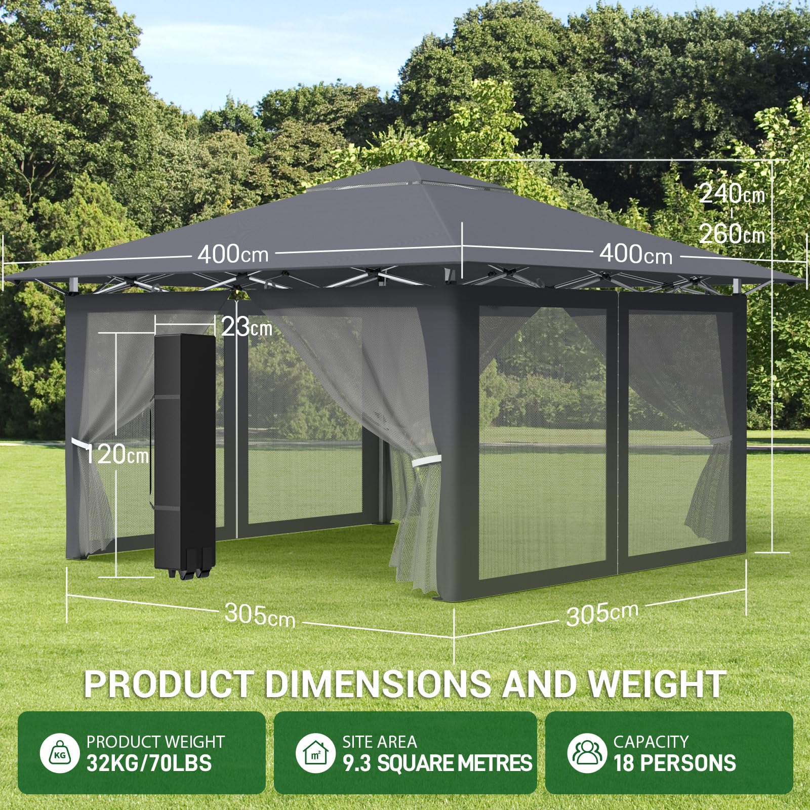 Faltpavillon 4X4 Höhenverstellbar, Pop-Up Pavillon, Gartenpavillon mit 4 Moskitoseitenteilen-Transporttasche-Windseil-Erdnägel, Metall & 210D Oxford-Gewebe, Zelt für Gartenparty Wasserdicht, Anthrazit