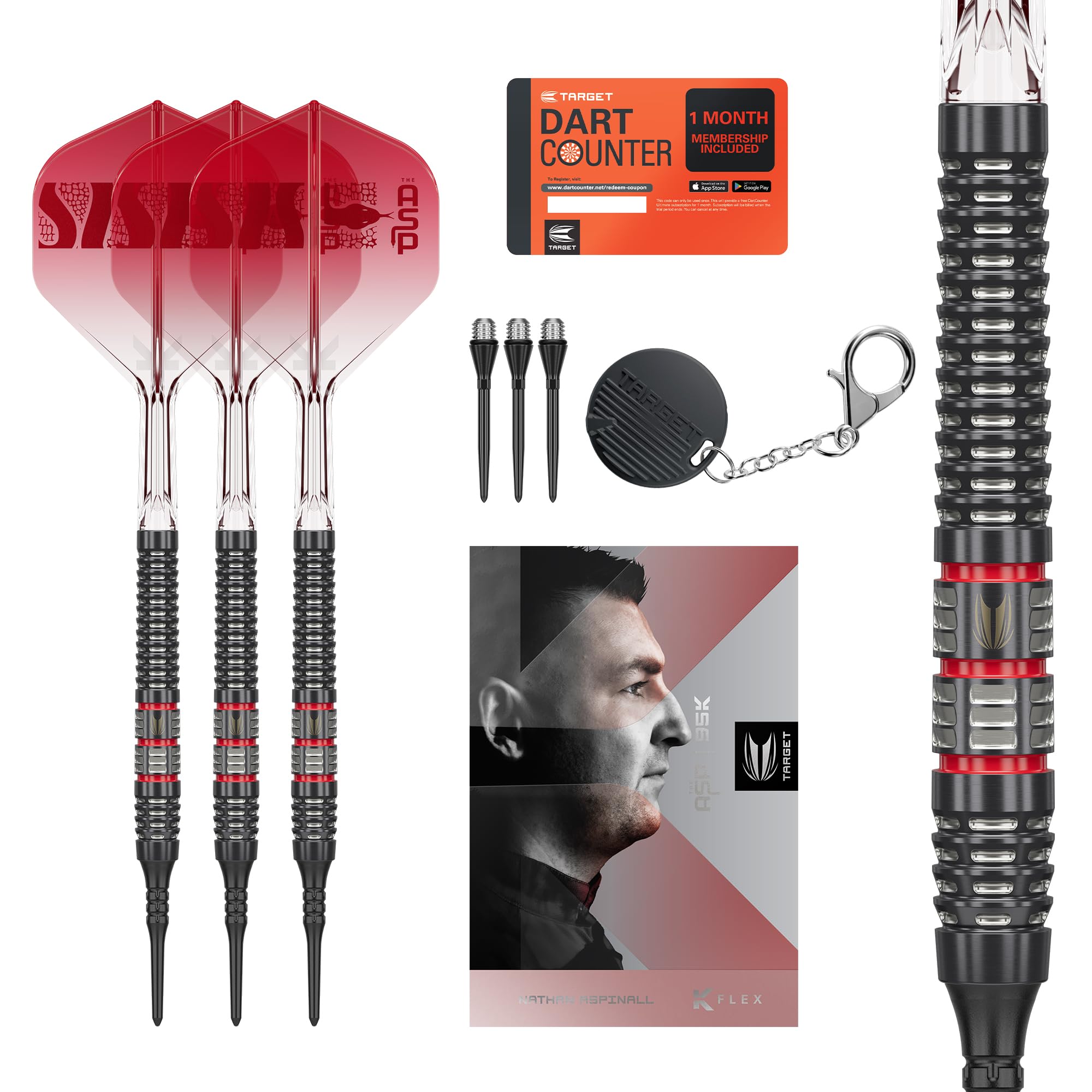 Target Darts Nathan Aspinall 95K Soft Tip 18g Dart Set 95% Wolfram K-Flex Nr.2 Flights & Shafts - Schwarze Pixel Spitzen | Dartpfeile mit Kunststoffspitze Player Edition