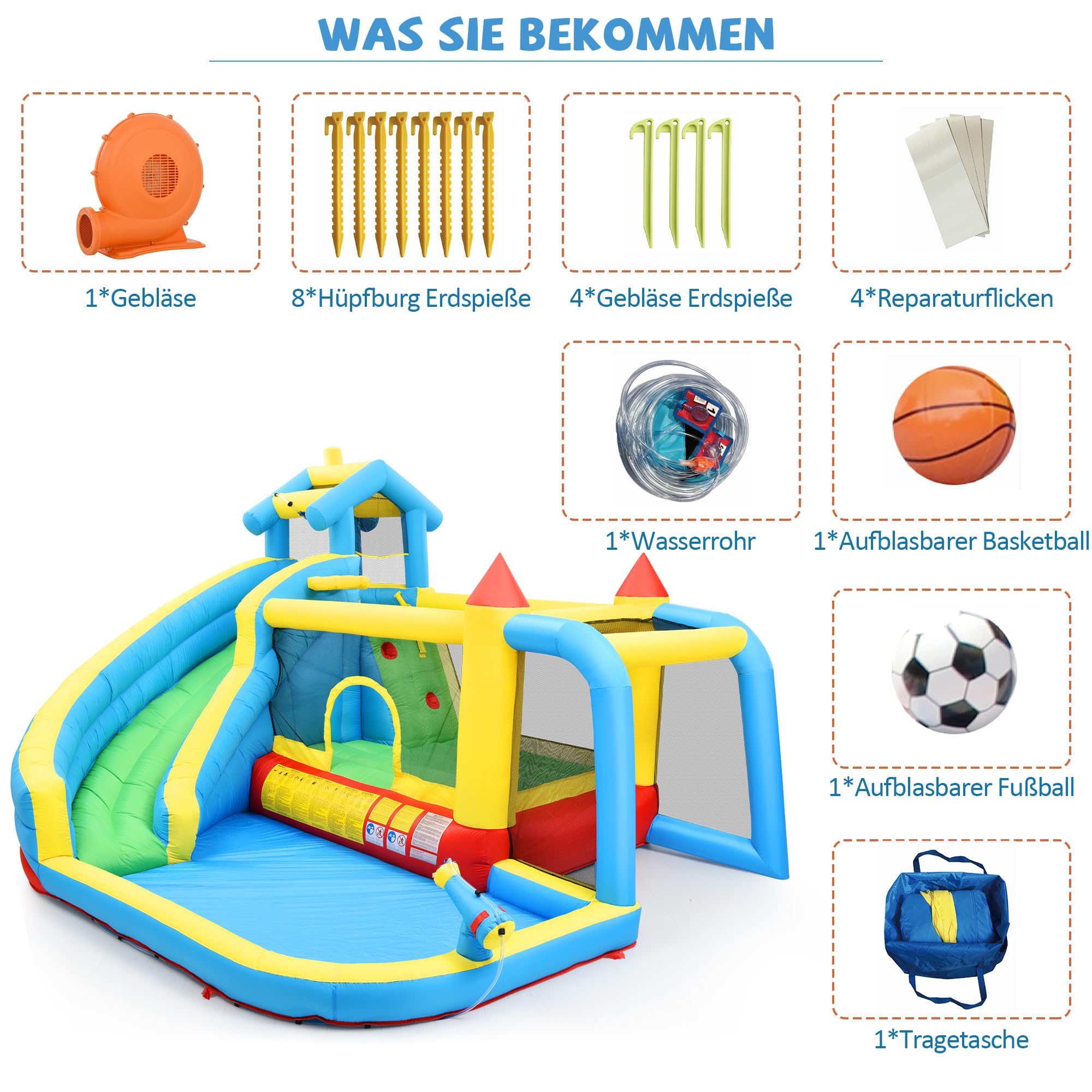 Bouncy Castle para niños 5 en 1 con ventilador, parque acuático inflable con tobogán, plataforma de salto, piscina y red de fútbol, castillo hinchable al aire libre para jardín, tela Oxford