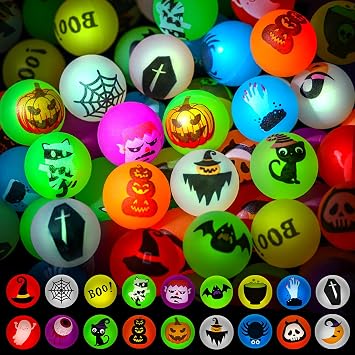 MGparty 90 PCS Halloween Glow in the Dark Bouncy Balls | 18 Halloween Theme Designs, Bouncing Balls for Kids, Halloween Party Favors Supplies, Trick or Treat Goodie Bag Gifts Fillers