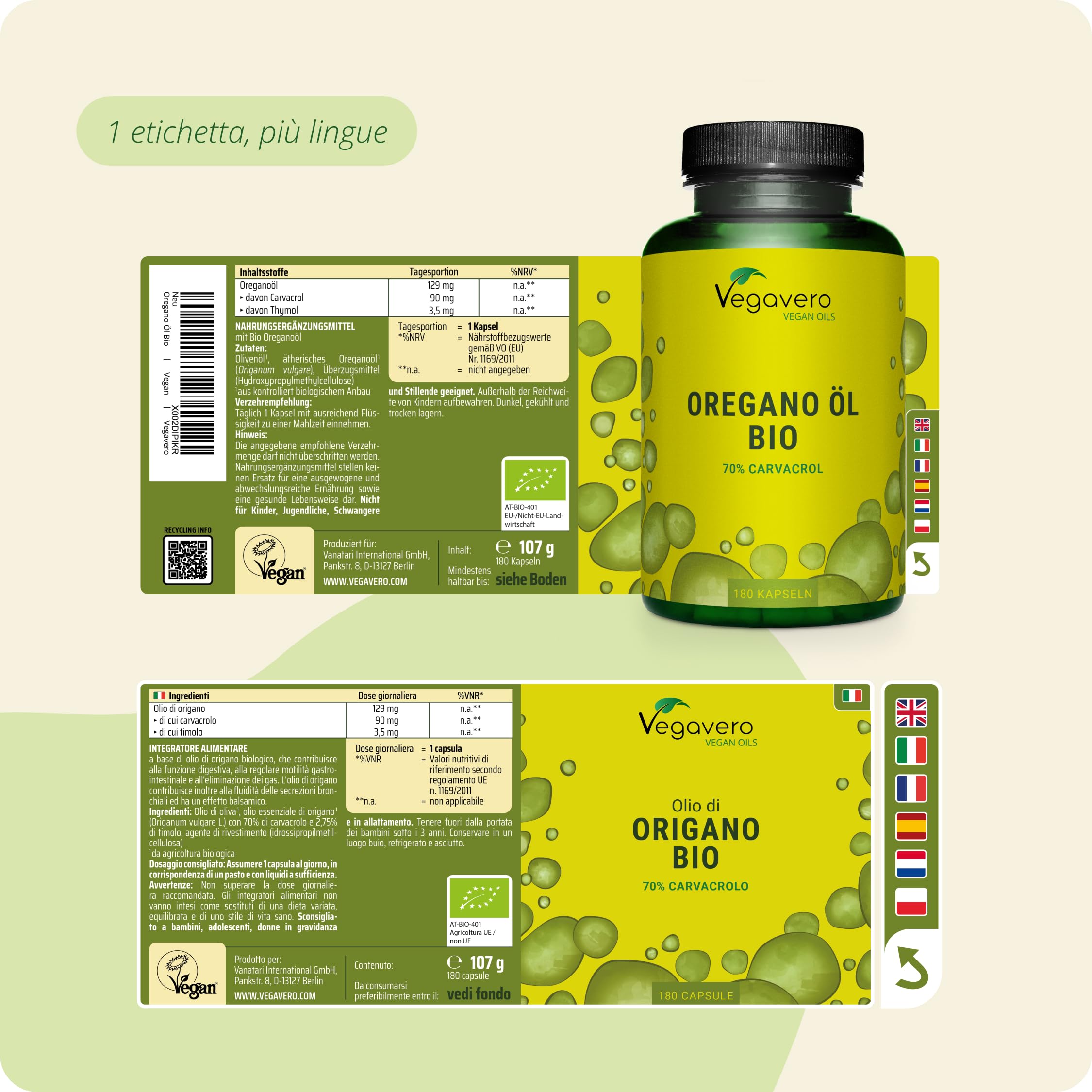 Olio di ORIGANO BIO Vegavero® | con 70% di Carvacrolo e 2,5% Timolo | per Candidosi e Mughetto | 180 capsule | Vegan