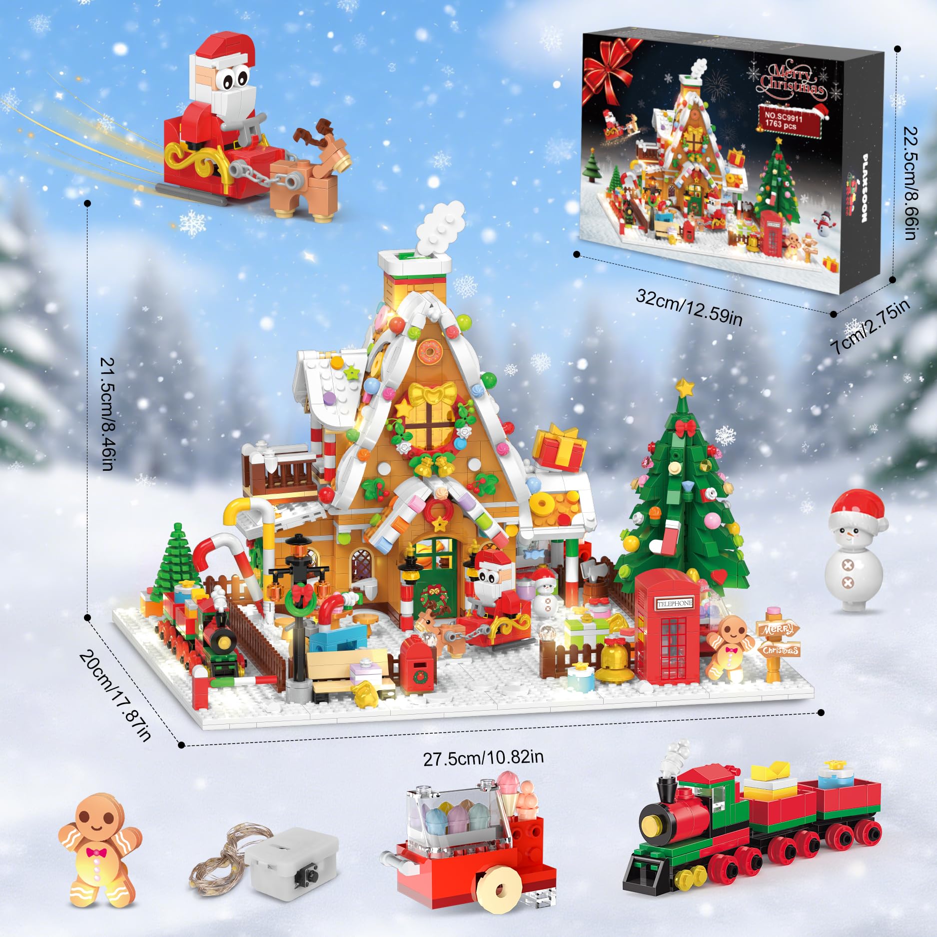Plaxsoon - Casa de pan de jengibre navideño, juguete de construcción con luces, casa de Navidad, mini bloques de apriete - juguete con Papá Noel - Tren - 1763 piezas - Regalo para adultos, niños y