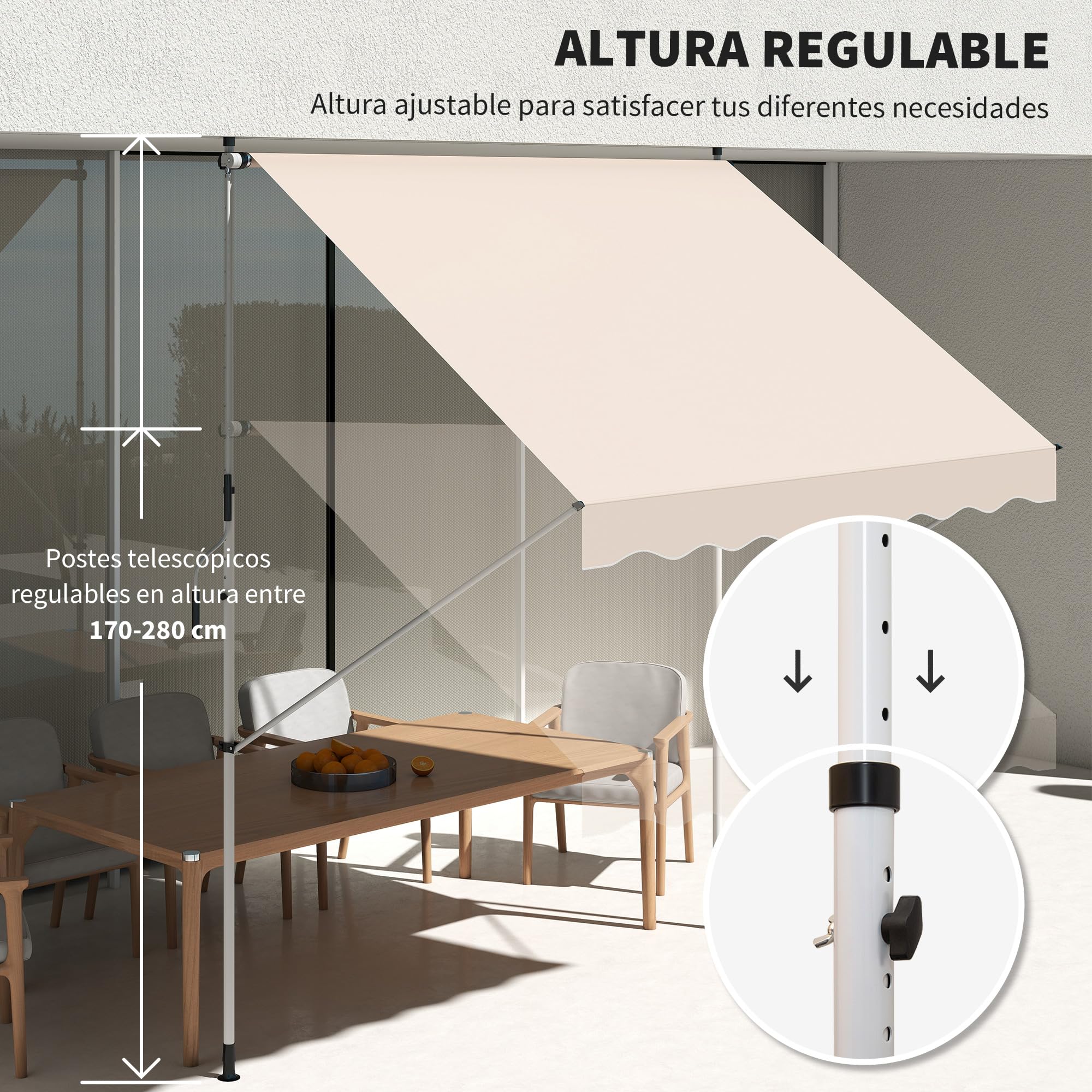 Outsunny Toldo Manual Retráctil 3x1,5 m, Toldo Exterior Terraza Enrollable, Altura Ajustable 170-280 cm, con Manivela, Anti-UV e Impermeable, Sin Taladro, para Balcón, Jardín, Beige