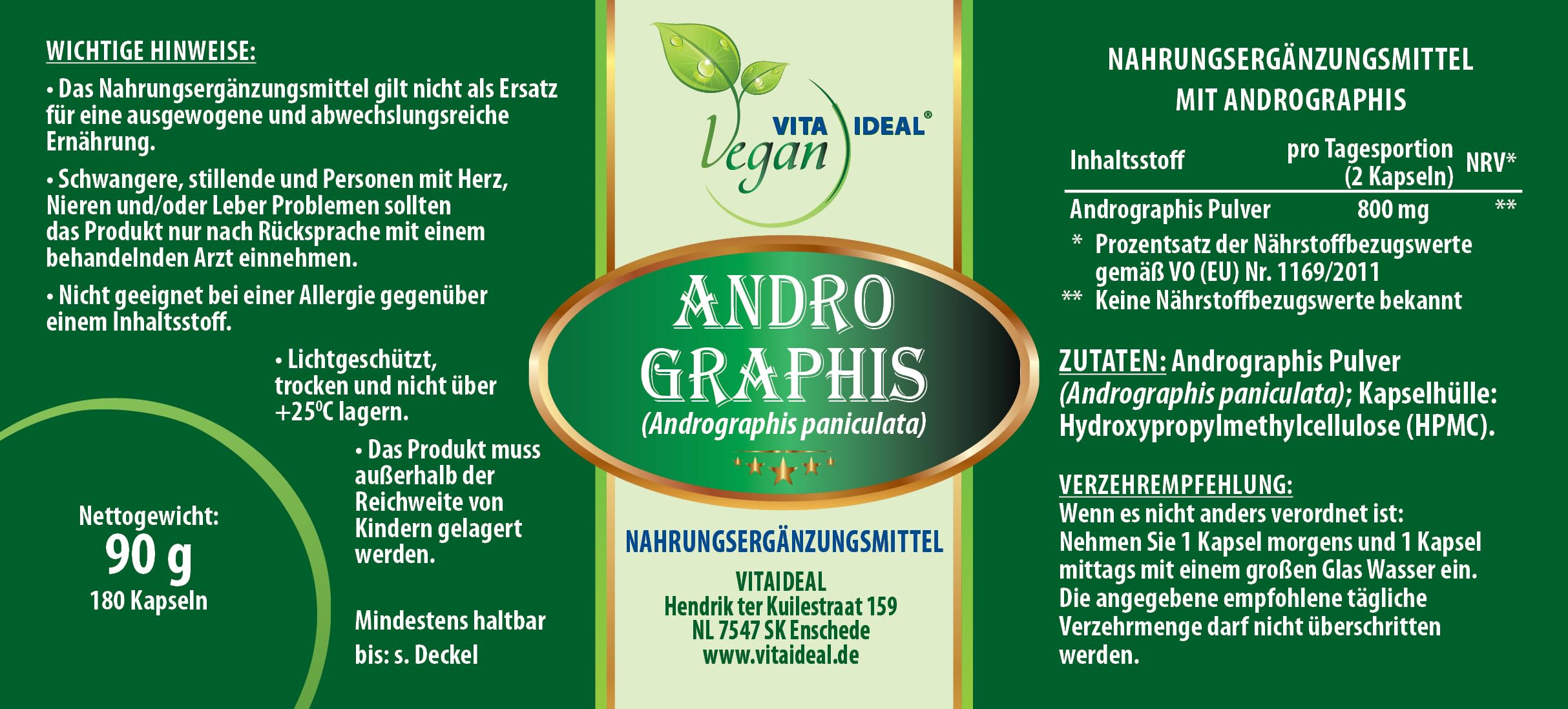 VITA IDEAL Vegan® ANDROGRAPHIS - Kraut 180 KAPSELN - Chiretta Kraut - Tagesportion 800mg CHIRETTAKRAUT reines Pulver. Natürlich, pflanzlich und ohne Zusatzstoffe.