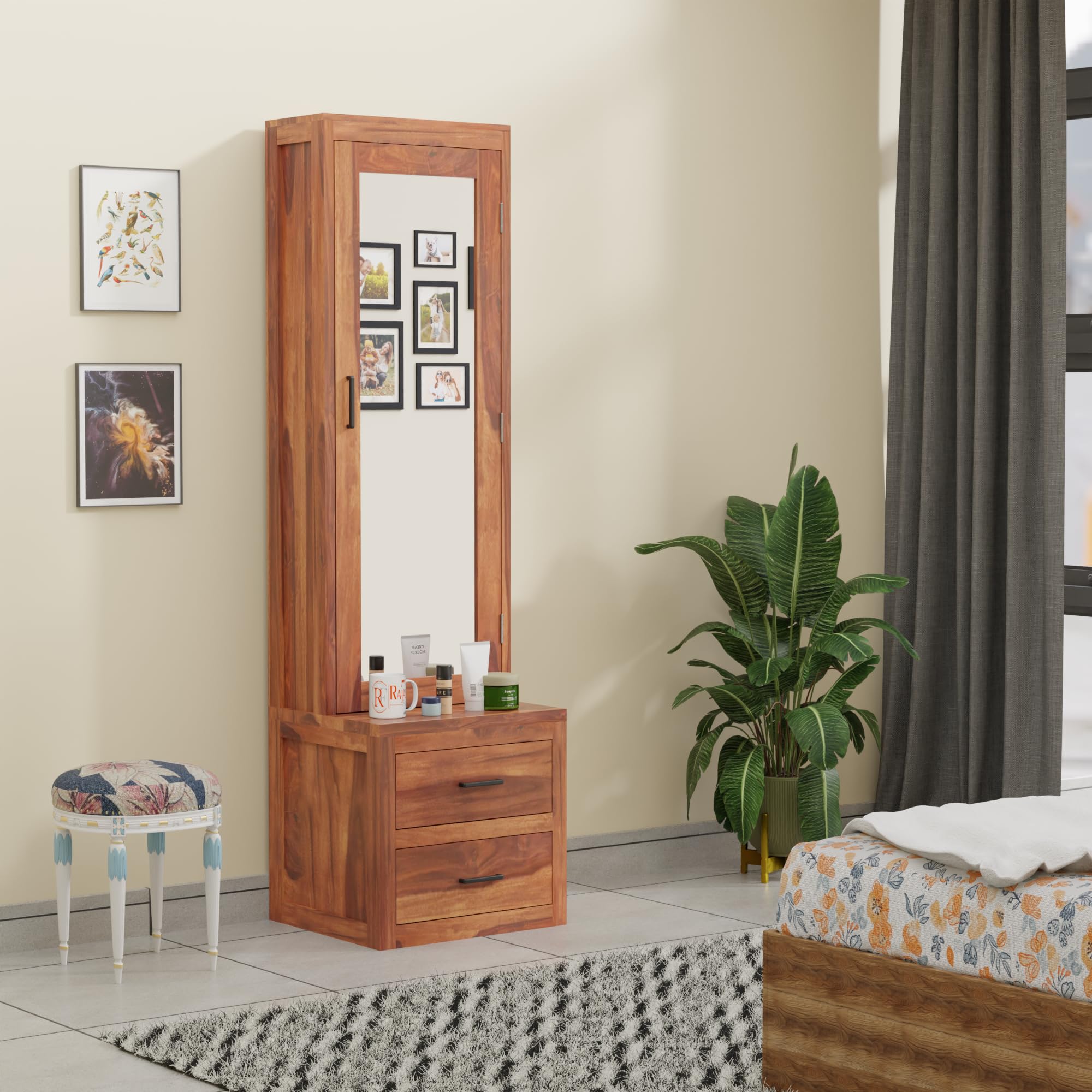 Rajasthali Furniture Solid Sheesham Wood Dressing Table, Organizer Makeup Vanity with Mirror Storage Shelves for Bedroom Home Furniture (Brown) (Honey)-image-26