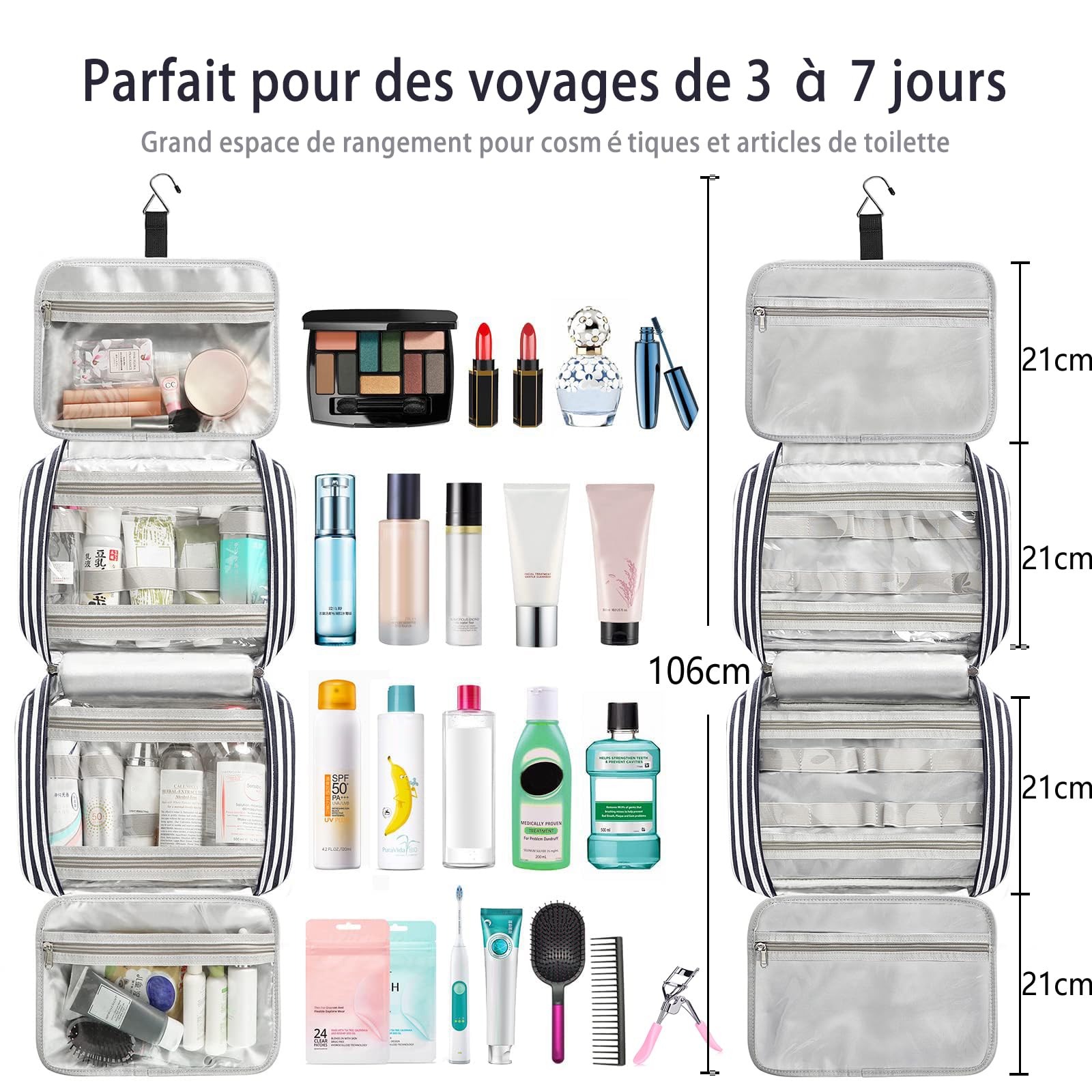 Neceser de aseo para mujer, gran capacidad de viaje impermeable y colgante, estuche de maquillaje para mujer y hombre, estuche de maquillaje de viaje, Z-azul, Grande, Minimalista