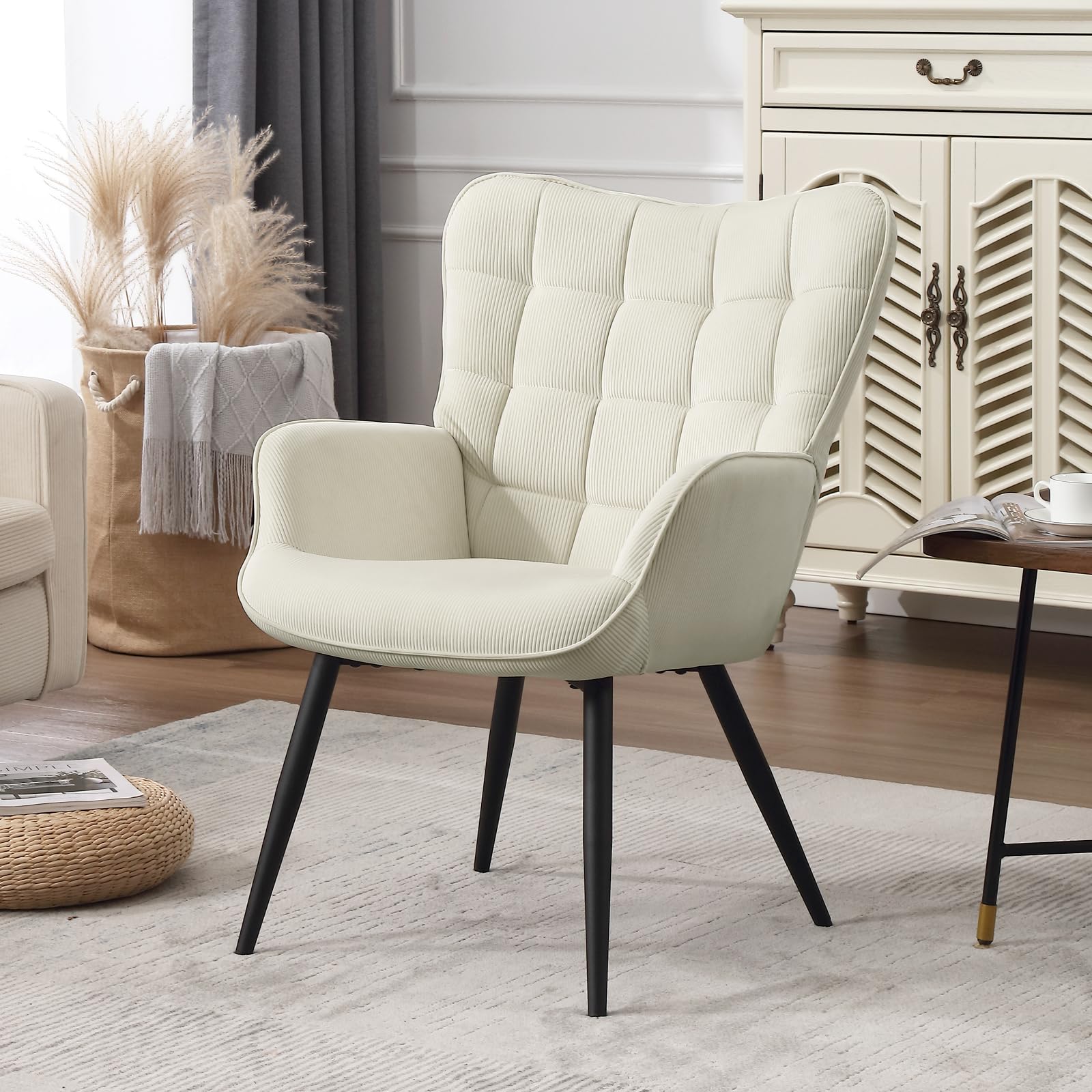 WOLTU Ohrensessel modern, Sessel Wohnzimmer, Schlafzimmer, Balkon, Relaxsessel bequem, mit Metallbeinen, Cordbezug, 63,5 x 51 x 87 cm, Cremeweiß