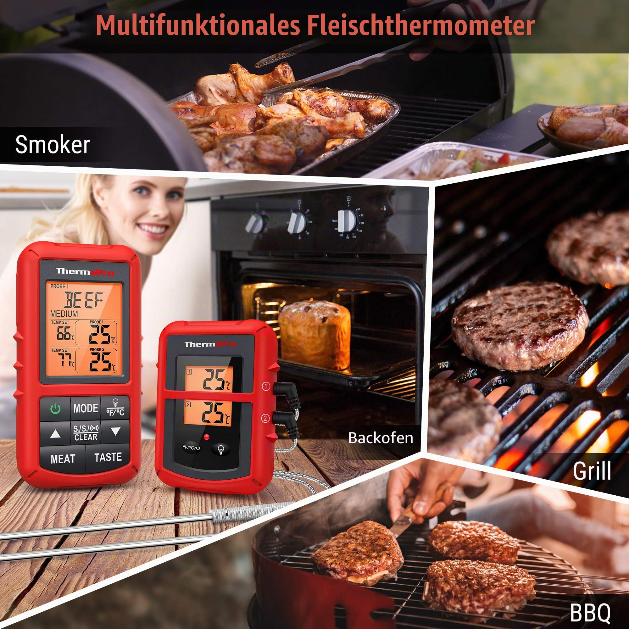 ThermoPro TP20C Funk Fleischthermometer digitales Grillthermometer Kochthermometer 150m Reichweite Bratenthermometer Küchenuhr mit 2 Einstichfühlern für Ofen Kochen BBQ Babynahrung