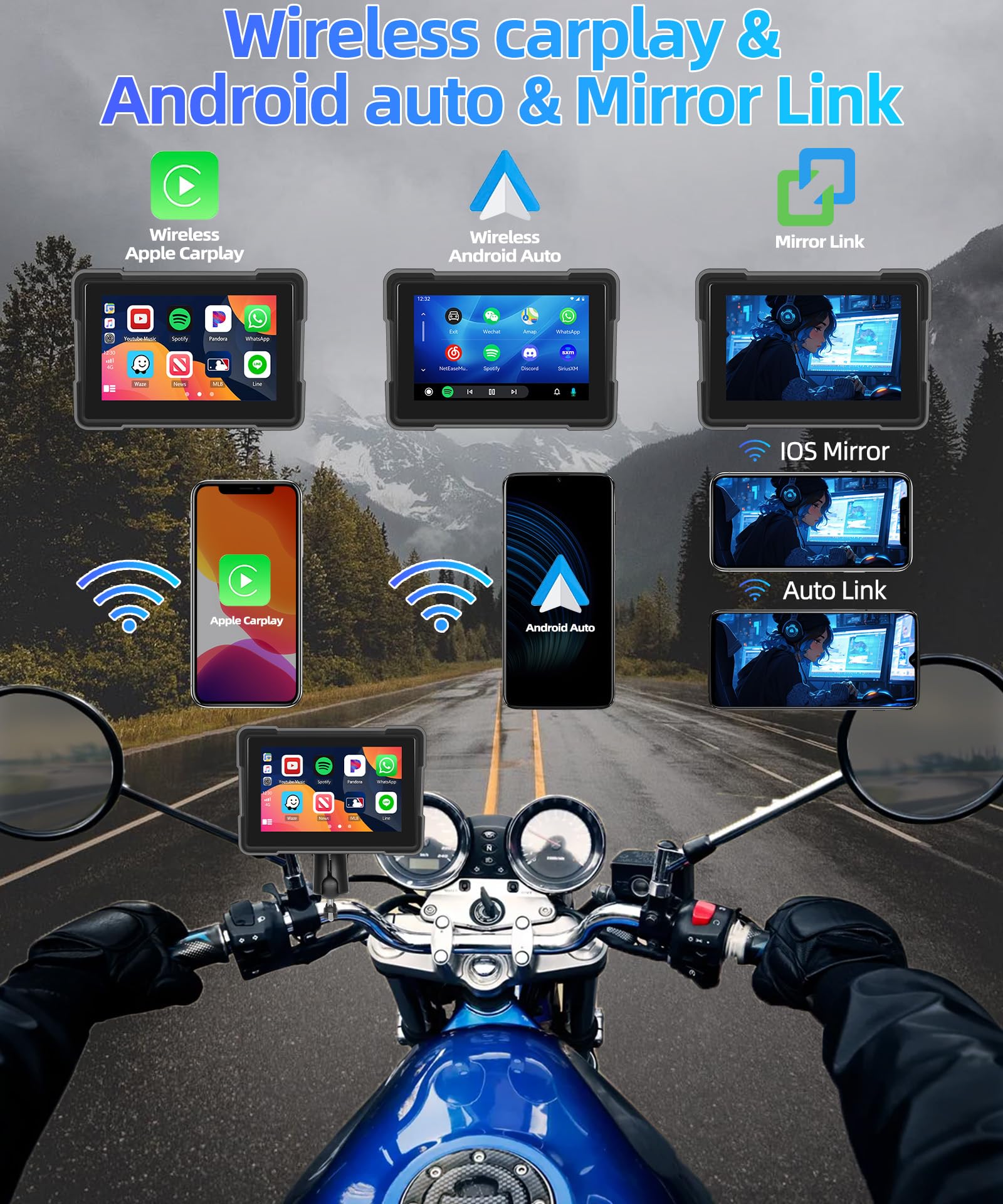CAMECHO Motorrad Navigationsgeräte 5 Zoll HD-Touchscreen Wasserdicht mit 64G TF Karte mit Navi Wireless Carplay Android Auto Bluetooth FM EQ Musik Leistungsstarker Chip 4 Thema für Alle Motorräder