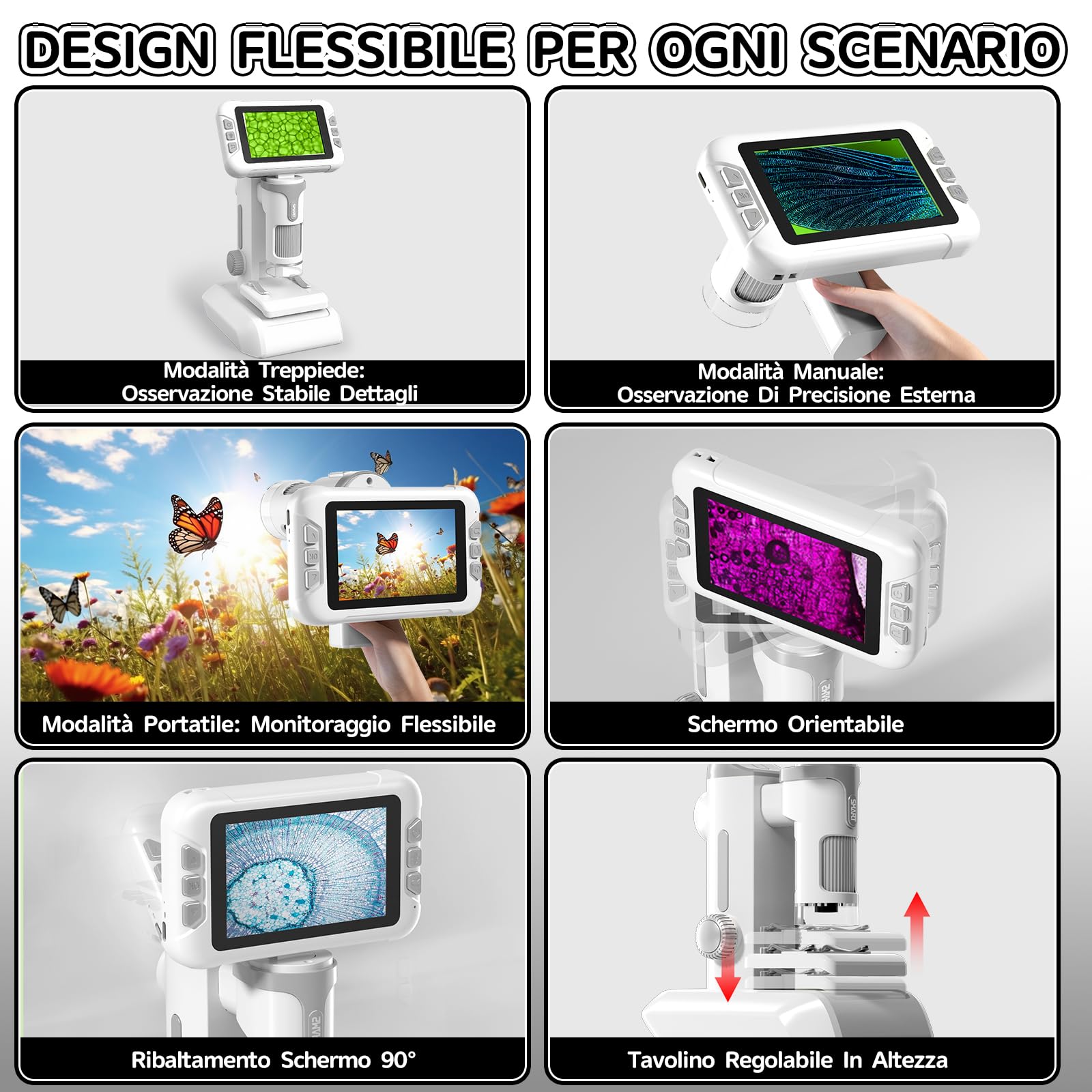 Charmofun Microscopio Bambini, Microscopio Digitale con Scheda di Memoria da 64GB, Microscopios Portatile Bambini con Schermo LCD 4", Ingrandimento 1600X, Foto e Video, Funzione Portatile e Fissa