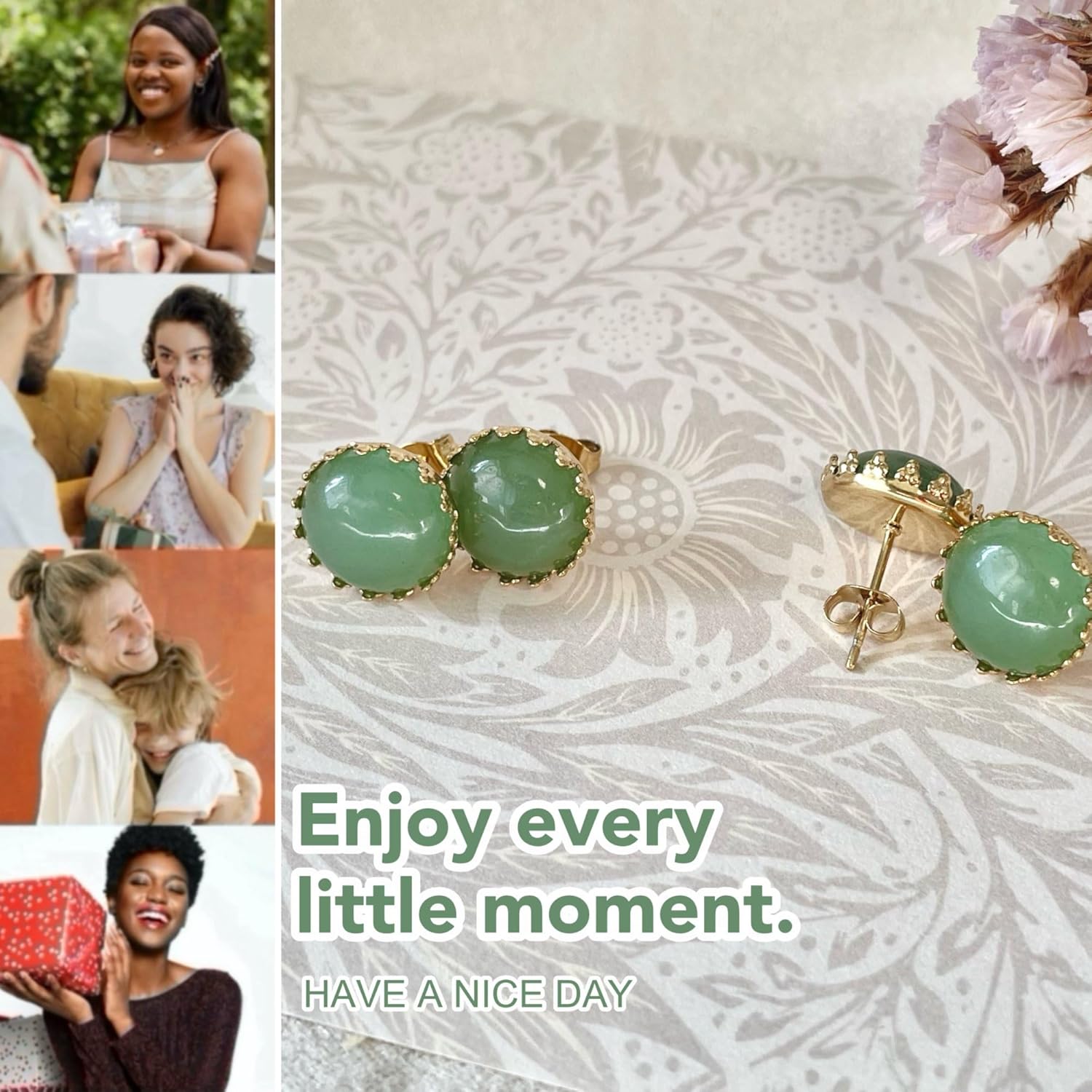 Natural Jade Stud Earrings Crown Setting 12mm, Gold-Plated Stainless Steel Hypoallergenic, Genuine Round Green Gemstone, Jade Jewelry Gifts for Women Girls - Image 7