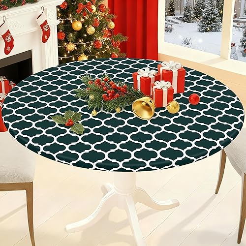 Miniatura 47 de Smiry - Mantel redondo de vinilo ajustable con bordes elásticos y parte trasera de franela, mantel de vinilo impermeable, lavable, diseño enrejado