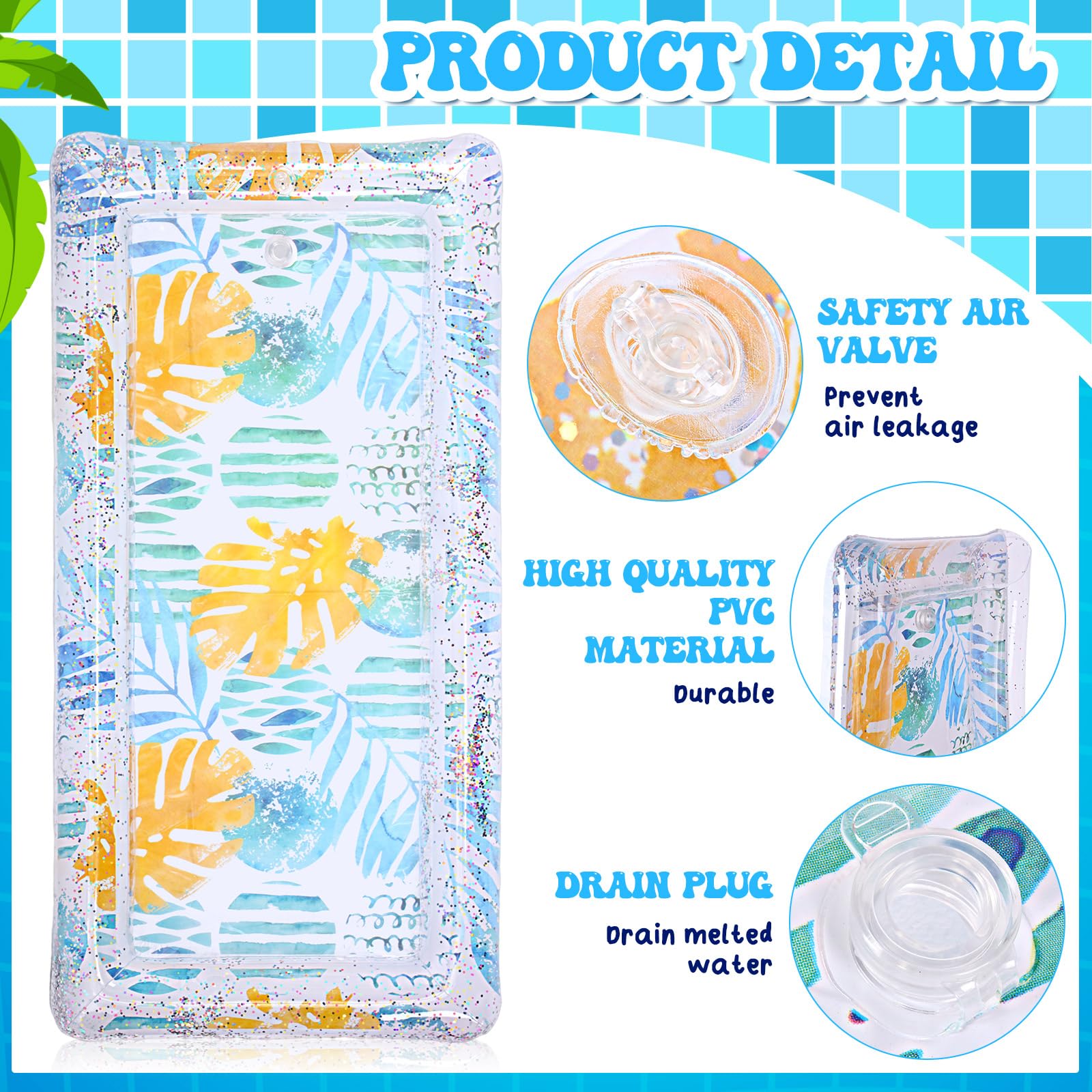 2 unidades de enfriador inflable de buffett con purpurina de 49.2 x 24.8 x 4.7 pulgadas, enfriador de alimentos con un tapón de drenaje, bandeja inflable de barra con confeti de purpurina para 3