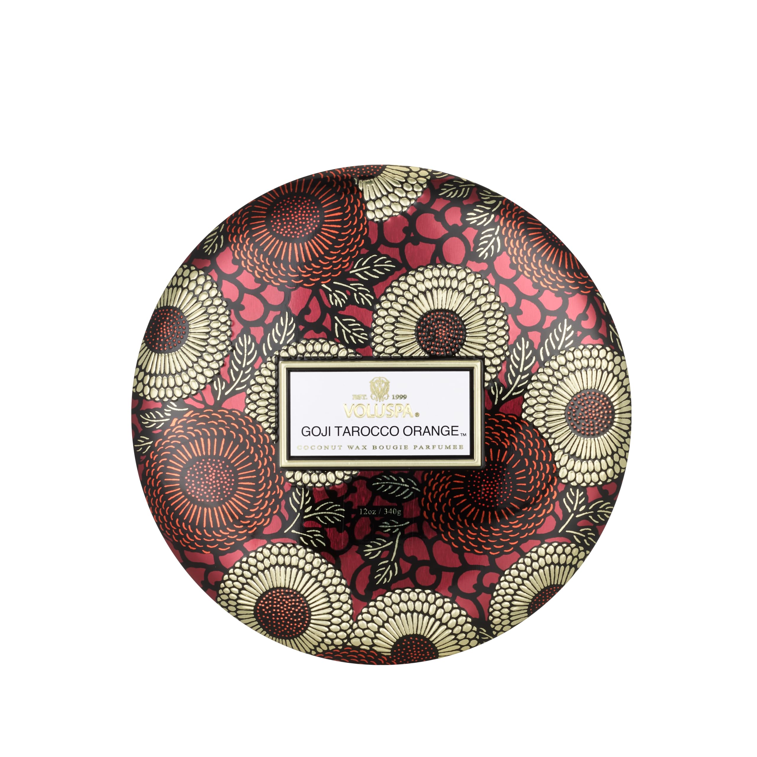 Voluspa Goji Tarocco Orange, 3 Wick Tin Candle, 12 Ounces, 40 Hour Burn Time, All Natural Wicks and Coconut Wax for Clean Burning, Vegan, Poured in the USA