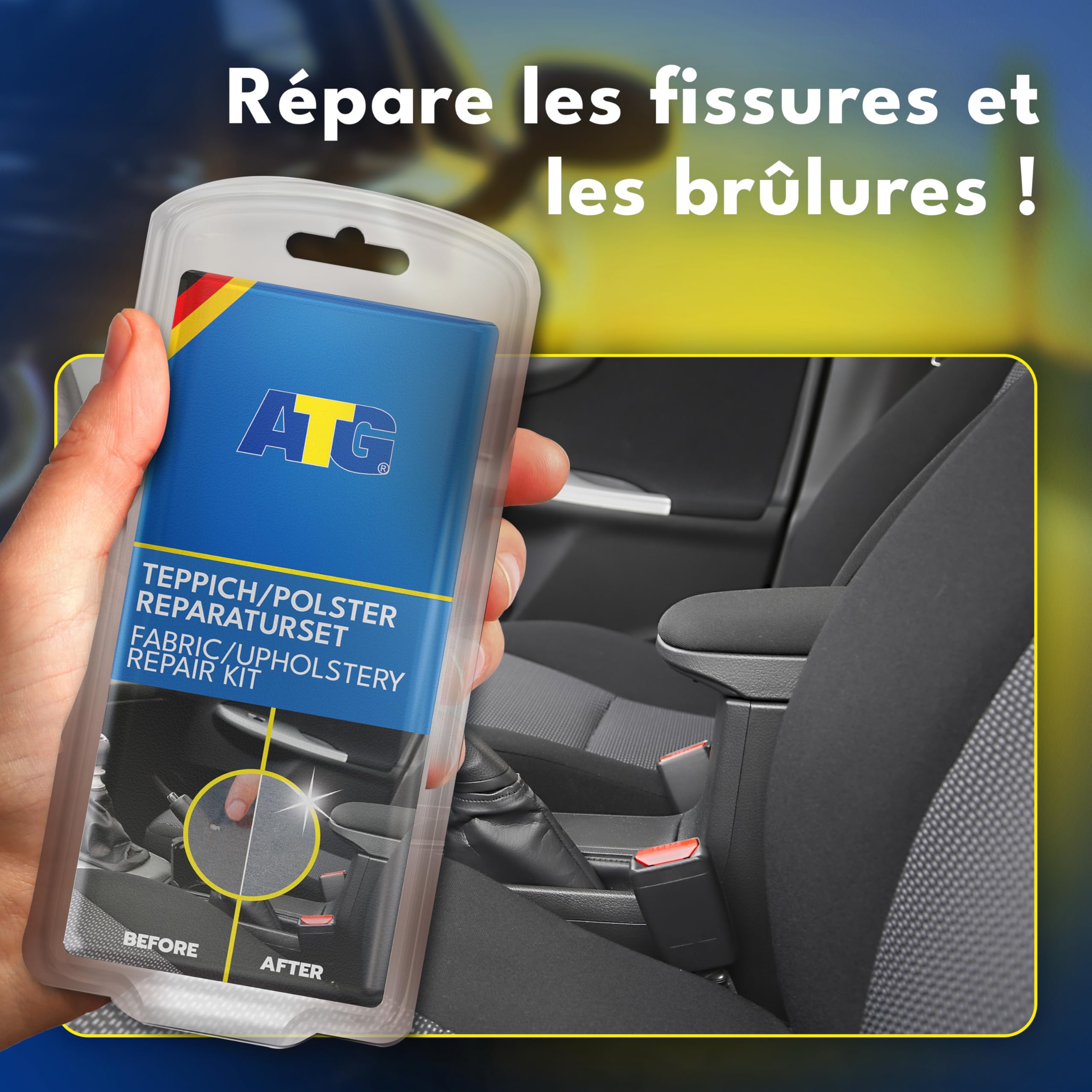 ATG®Kit Réparation Tissu Voiture – Réparation siège Auto, canapé, Sofa et Textiles, Trou Tissu, brûlures et Fissures – Kit réparation Textile intérieur, 13 pièces