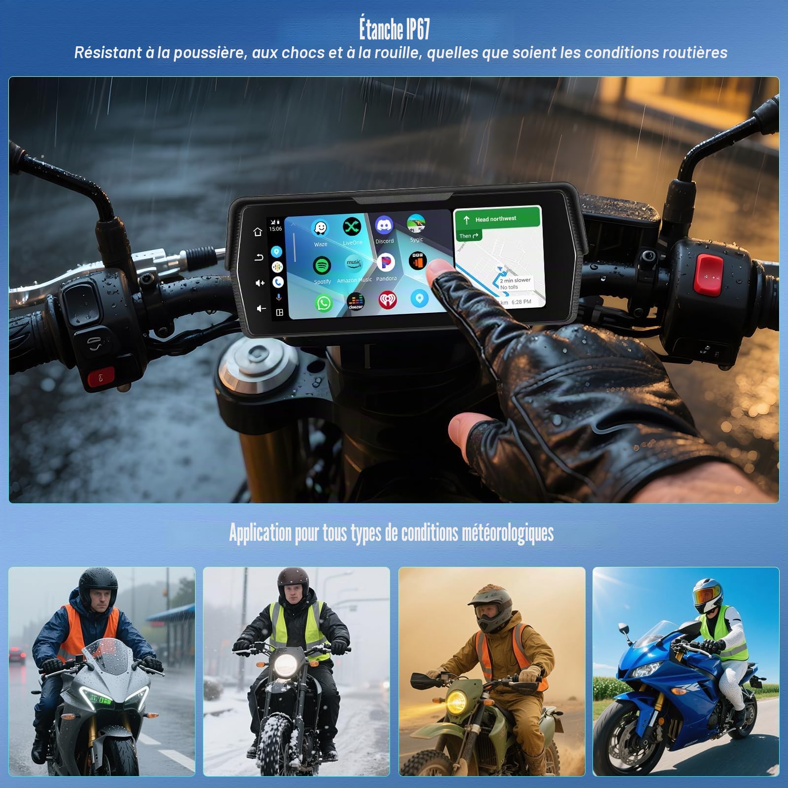 【2025 Nouveau】 CAMECHO Écran sans Fil Carplay Moto 6.86 Pouces avec caméra arrière AHD × 2, navigateur de Voiture avec CarPlay sans Fil Android Auto Lien Miroir Bluetooth IP67 étanche 12V