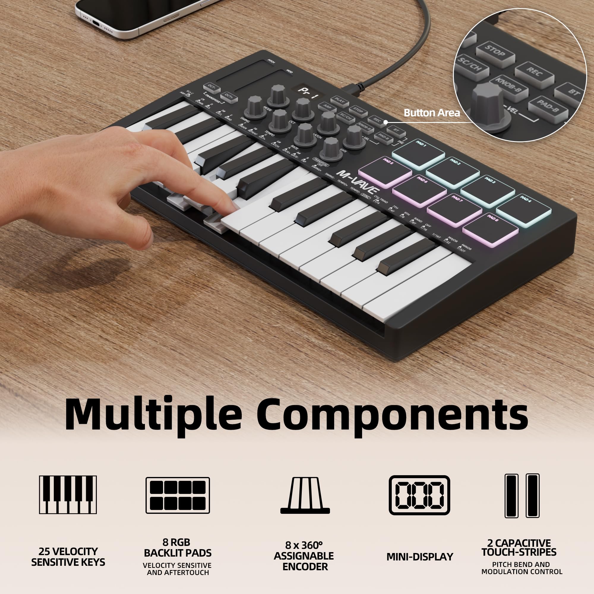 Joinfworld Controlador de teclado Midi de 25 teclas, mini piano midi portátil Bluetooth y USB con 8 almohadillas retroiluminadas, 8 perillas y software de producción de música para grabación de