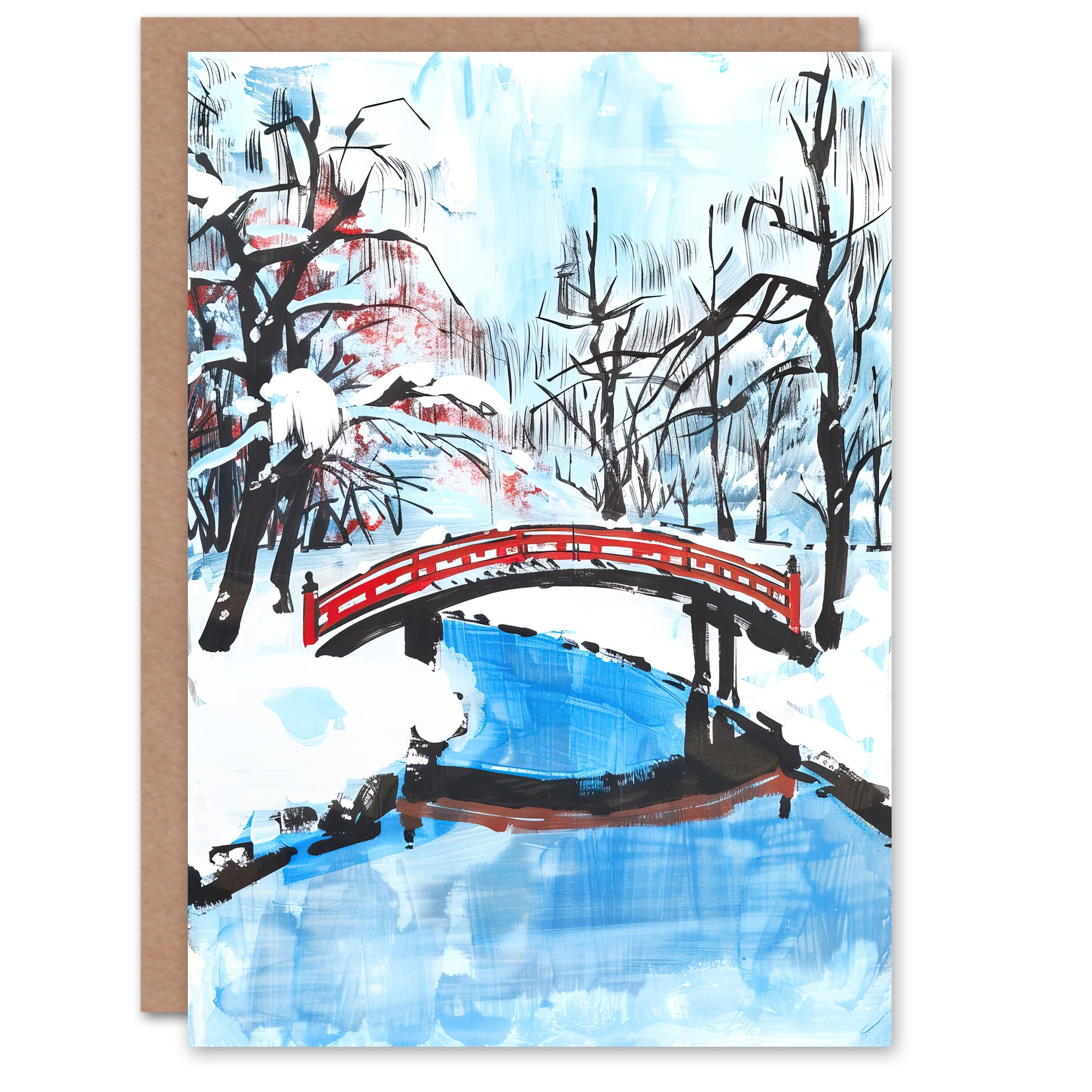 Artery8 Greeting Card Japanese River Bridge in Winter Forest Landscape Blank For Him Or Her Art Birthday Card