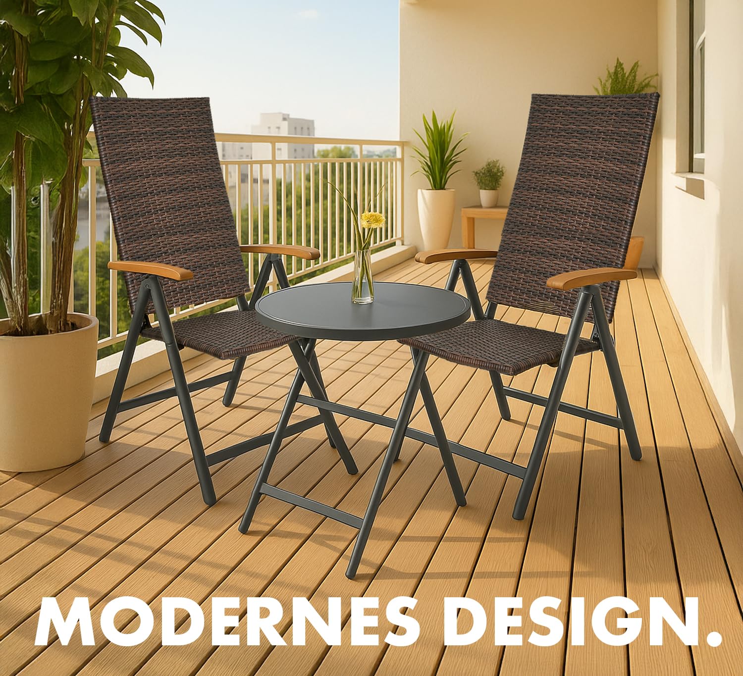 BRUBAKER 2er Set Polyrattan Gartenstuhl Modena - Hochlehner aus Metall und Poly Rattan klappbar - 7-Fach verstellbare Rückenlehne - wetterfester Faltstuhl/Klappstuhl - Braun Grau