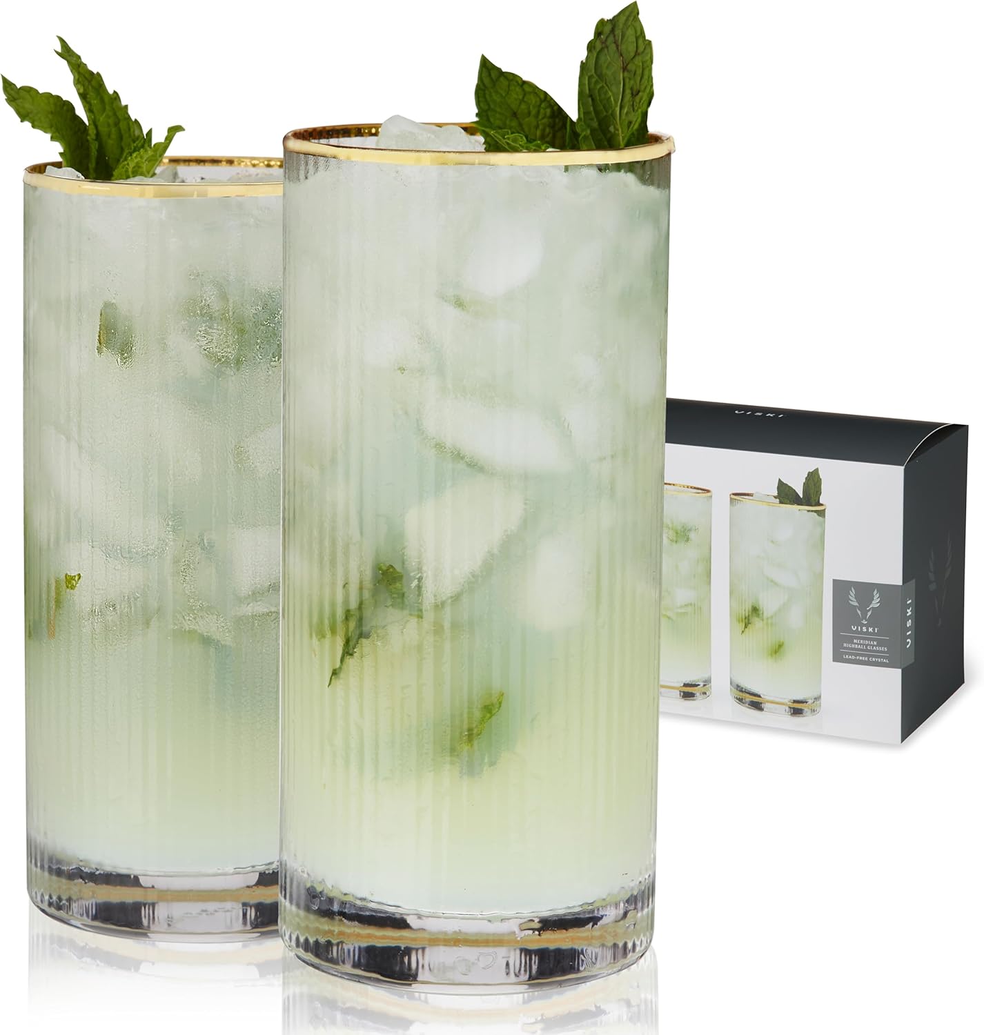 Viski Meridian Highball Glasses Set of 2 - Vintage Drinking Glass, Art Deco Ripple Glassware Design, 15oz Gold Rimmed Collins Glasses Set