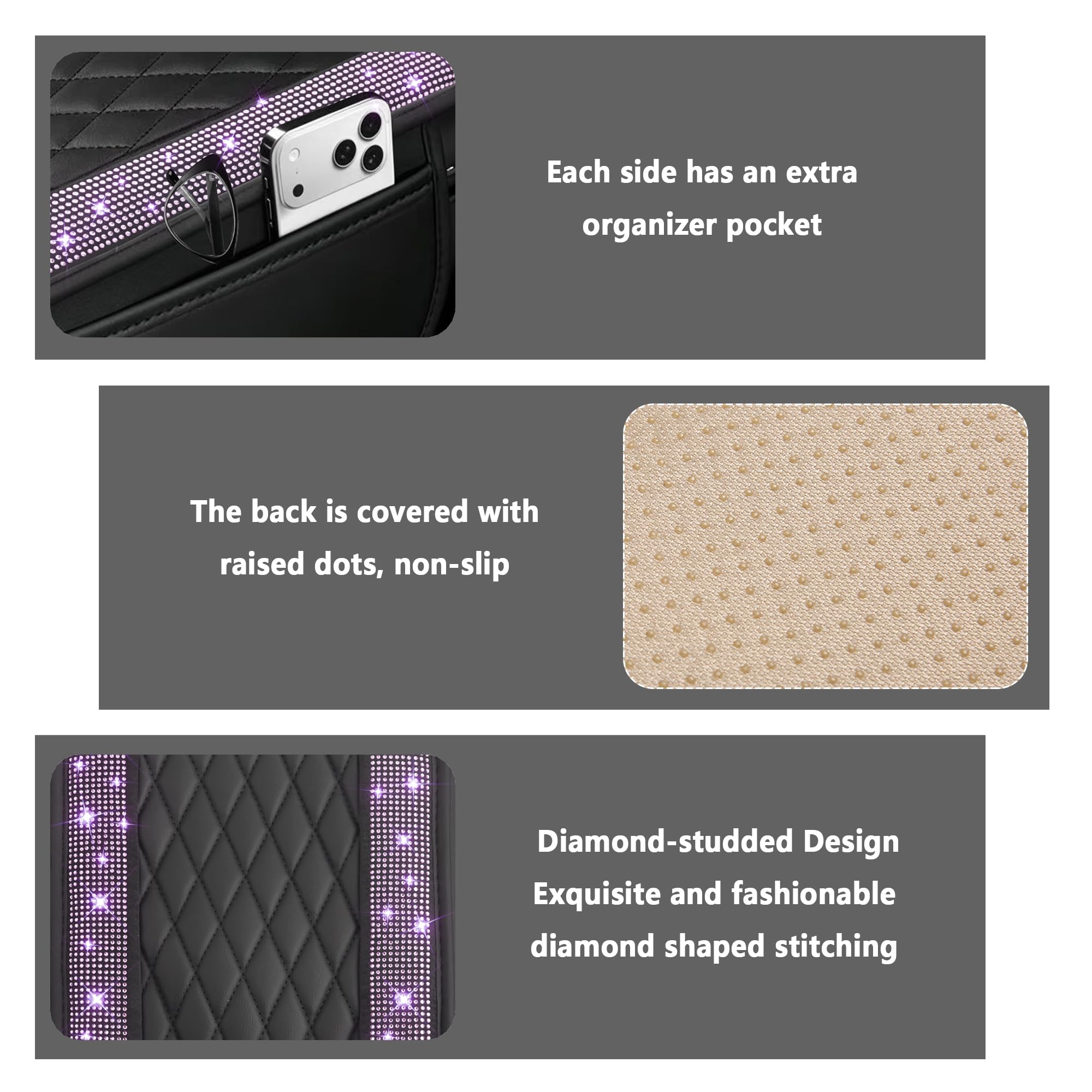 Stacool Upgraded Car Center Console Cover with Rhinestones,Microfiber Leather Car Armrest Cover Cushion with 2 Storage Bags,Universal Cars Armrest Storage Box as Cars Interior Accessories view 3
